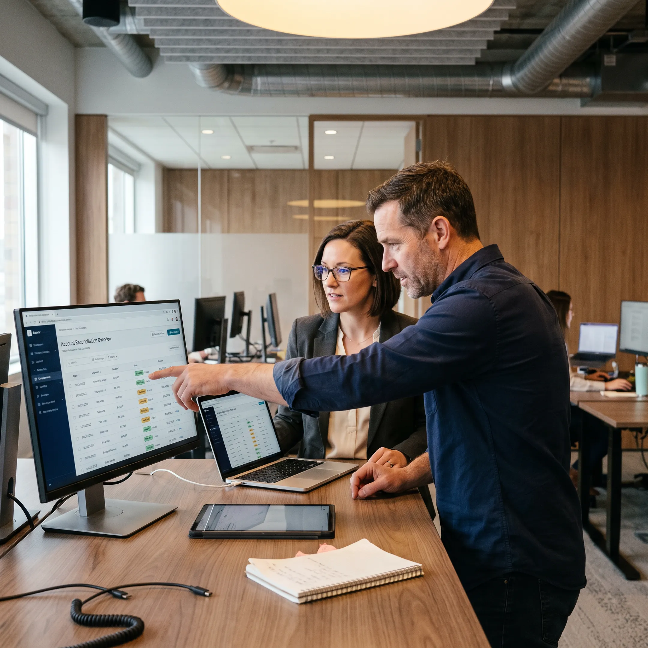 Financial services team reviewing organized digital banking documents