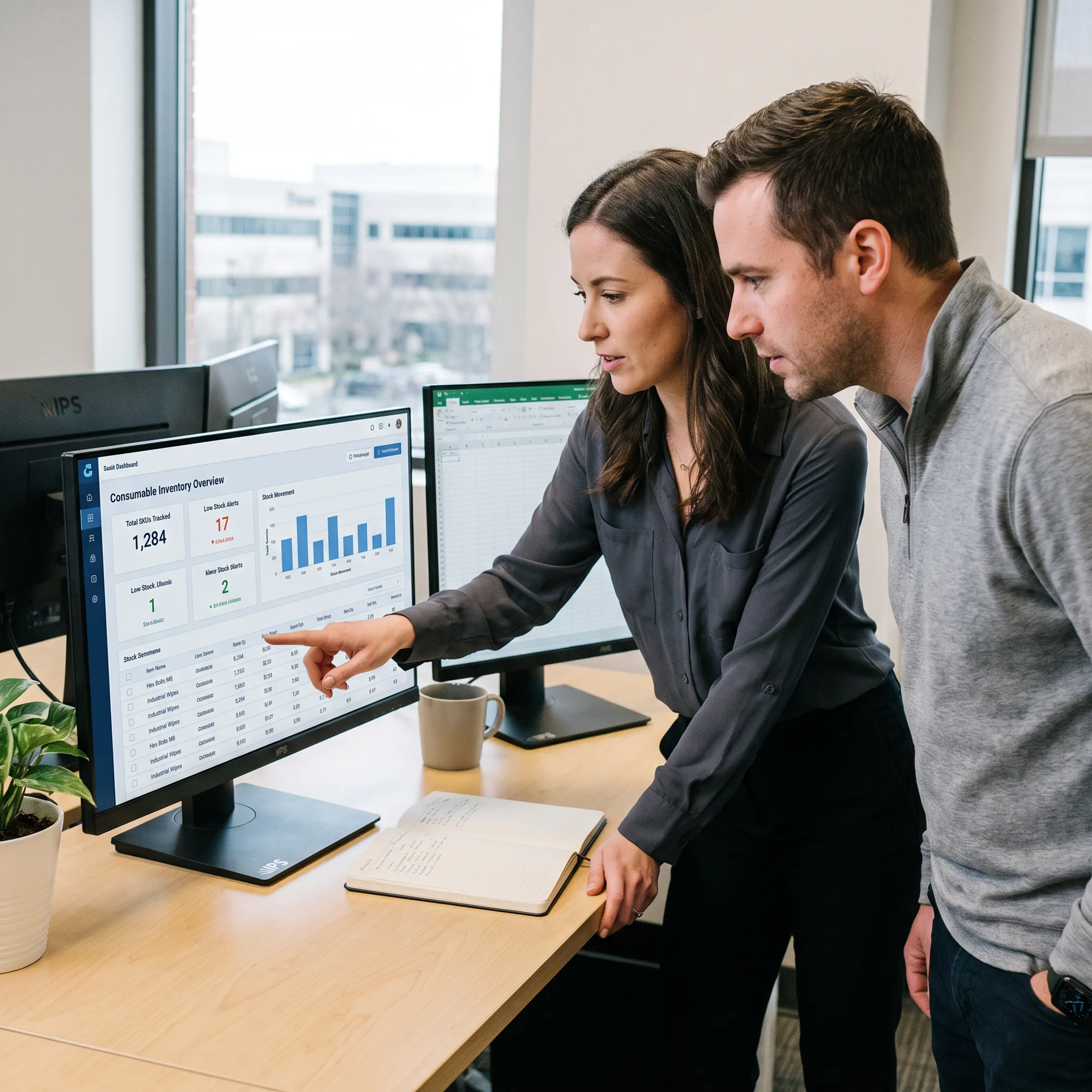 Team reviewing consumables inventory software on a desktop dashboard