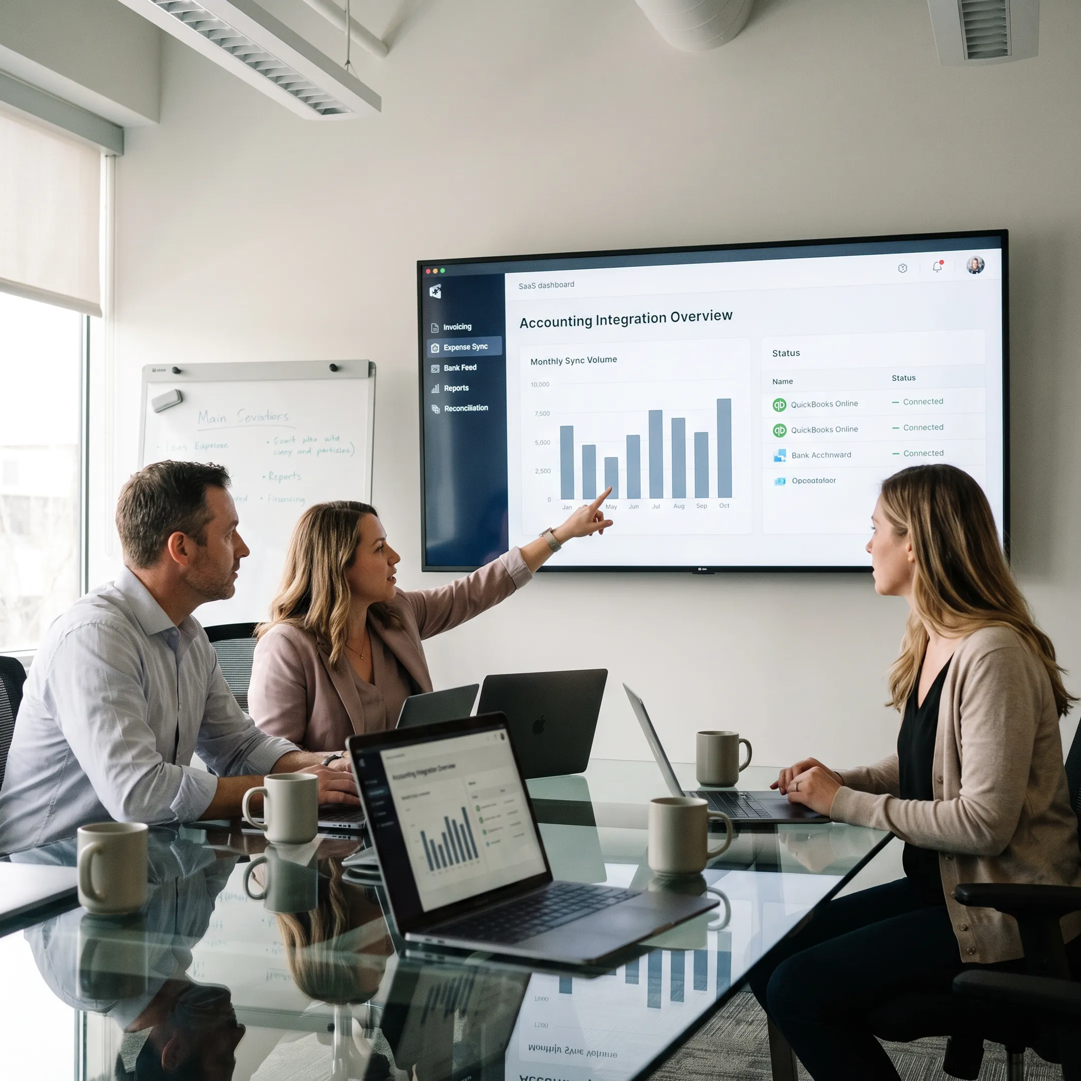 Team reviewing connected QuickBooks accounting processes and reports