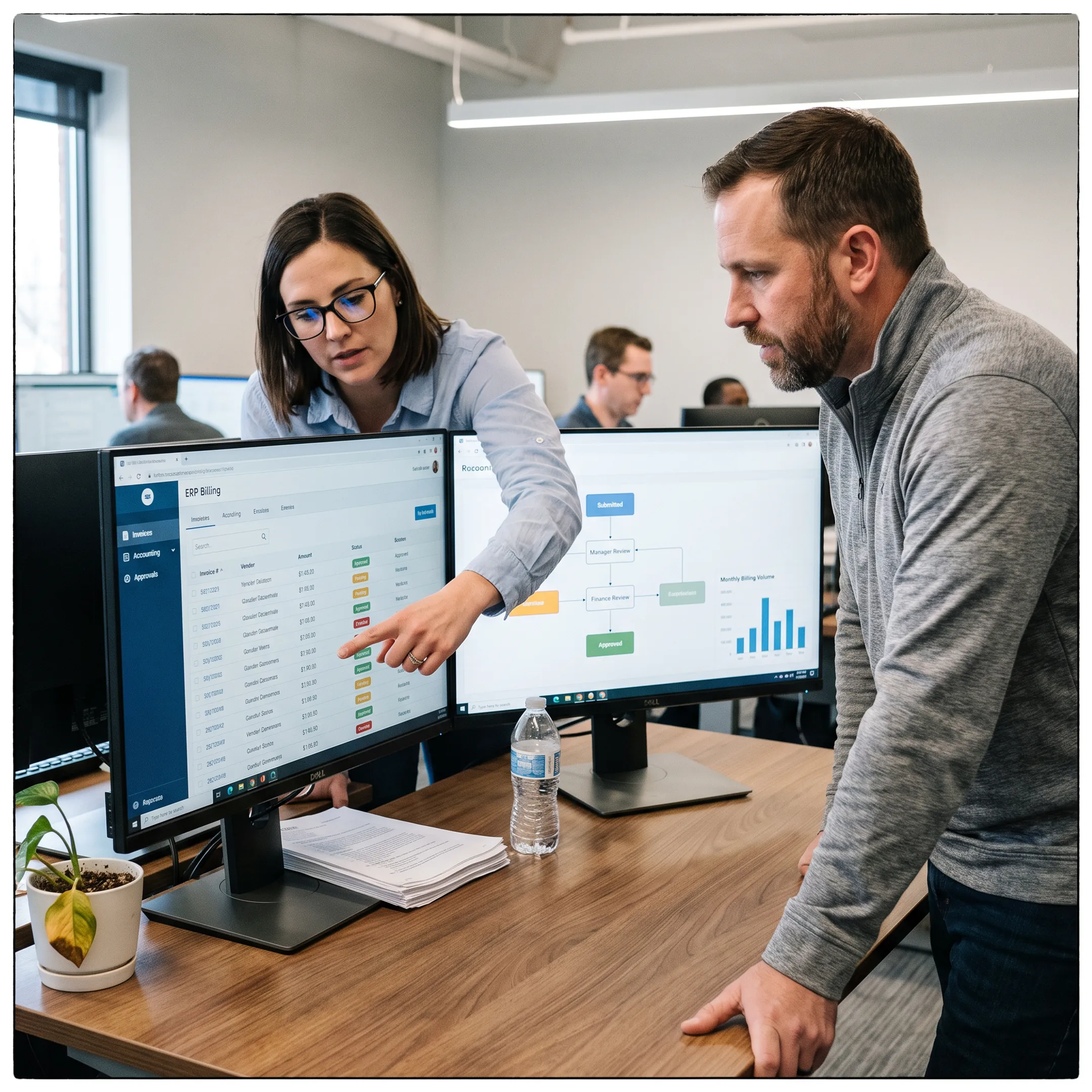 Team reviewing integrated ERP billing and accounting workflows