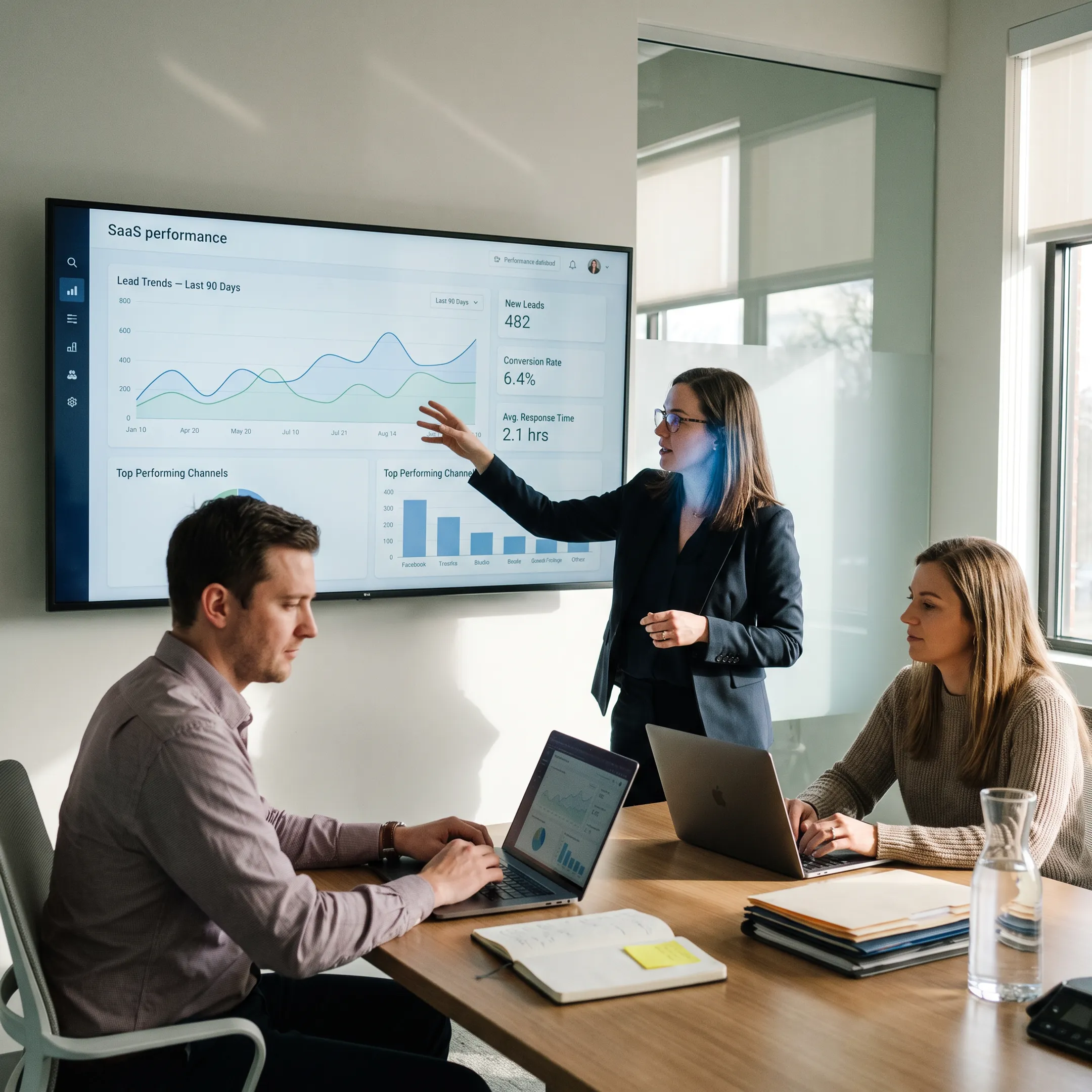 Team reviewing a business performance dashboard