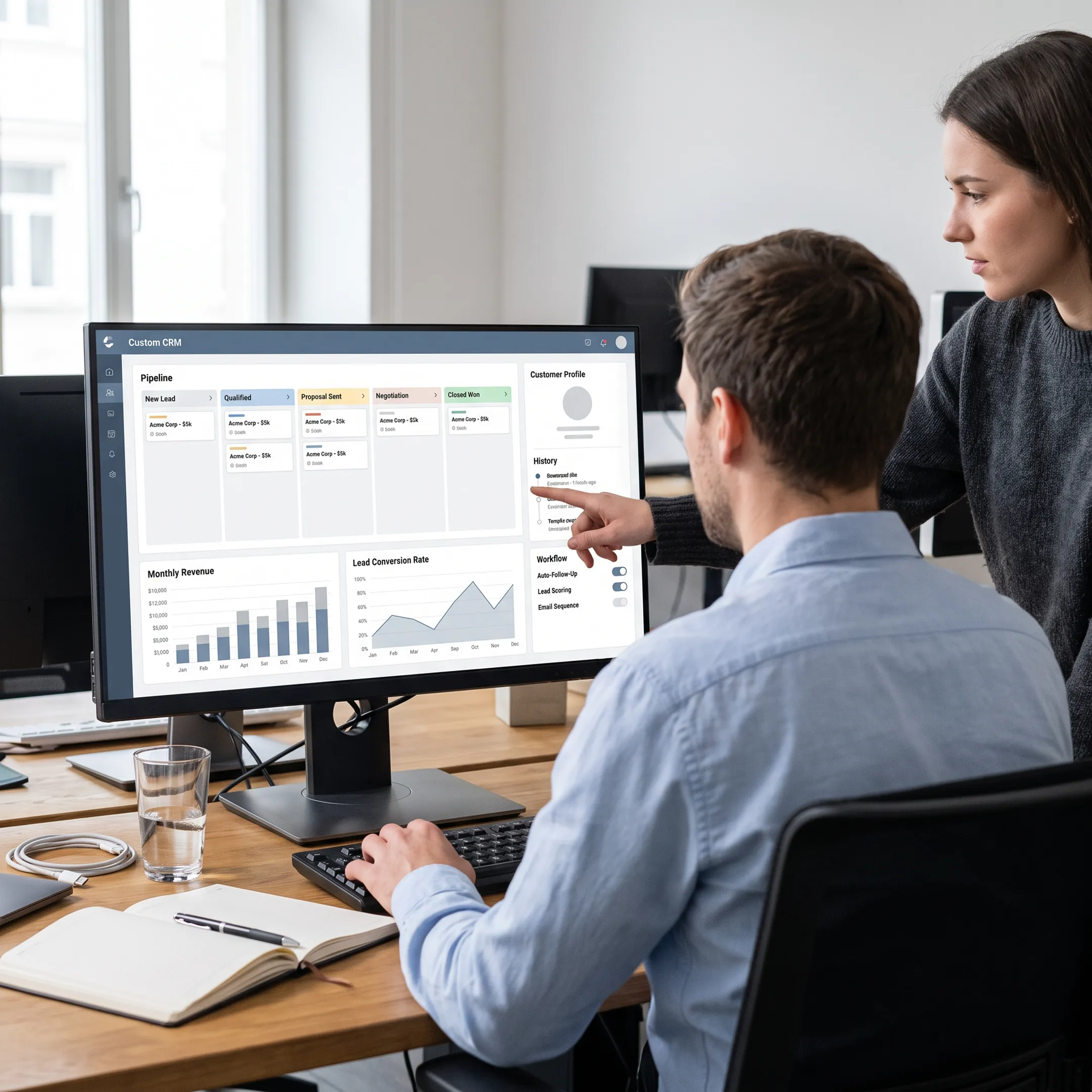 Custom CRM dashboard displayed on a laptop