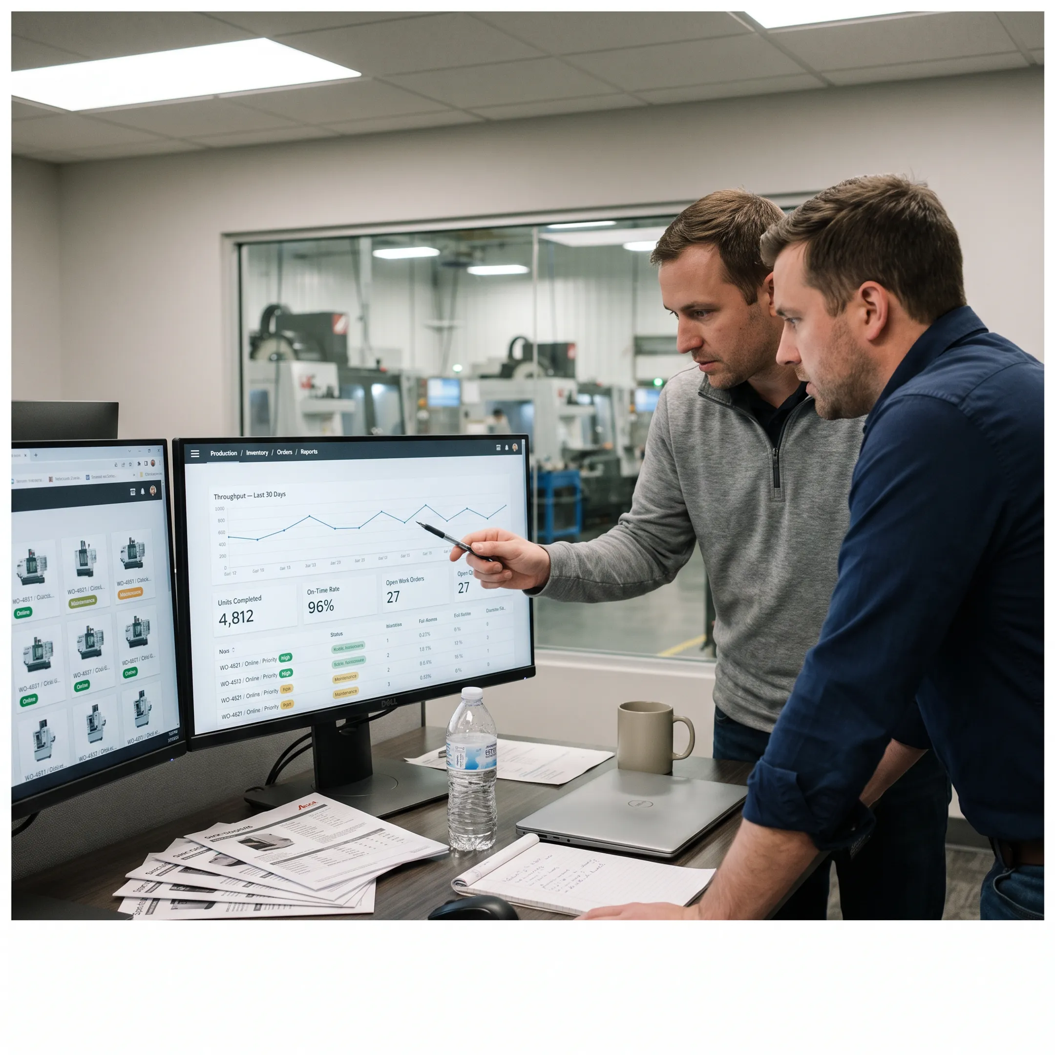 IT support team reviewing manufacturing systems and operational dashboards