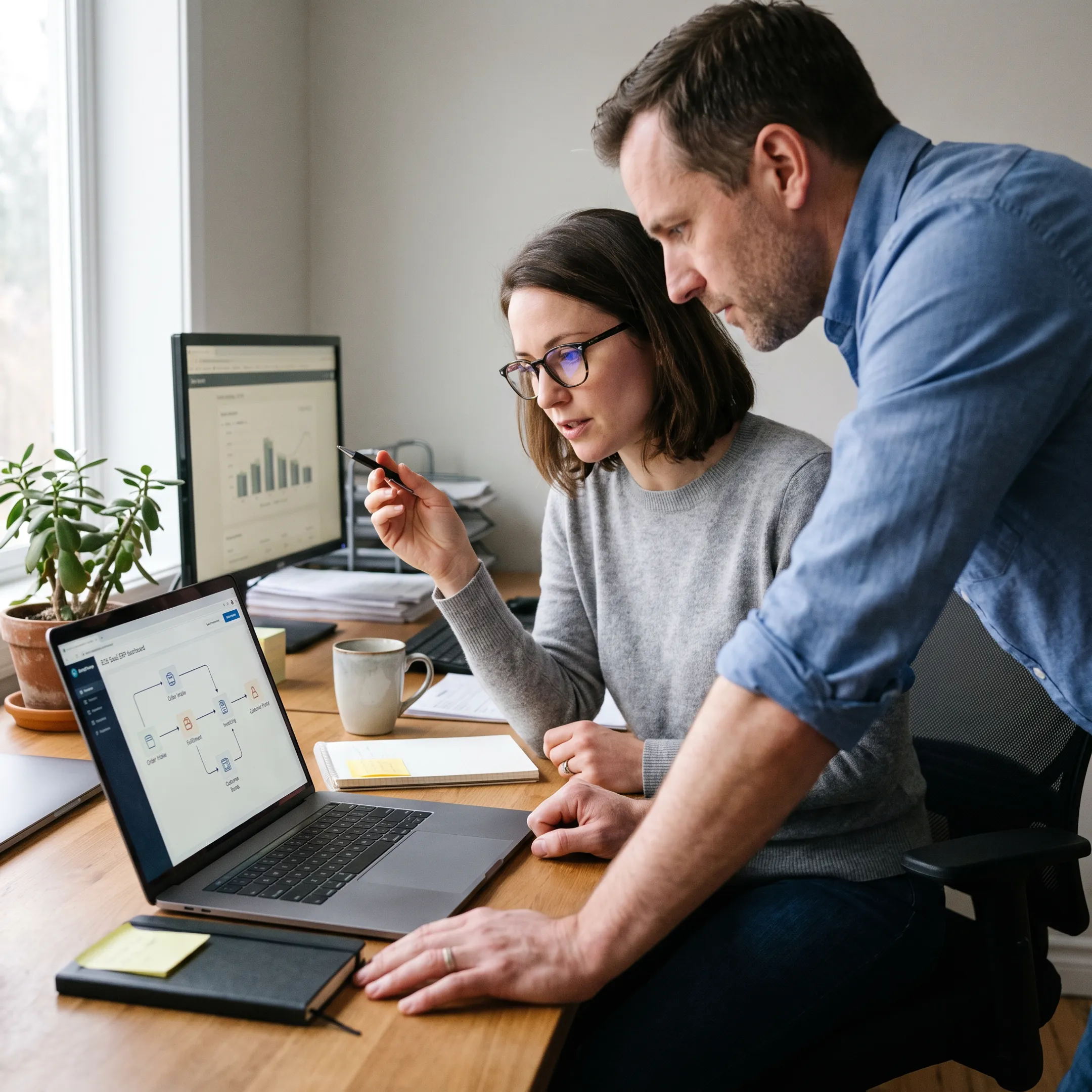 Team reviewing an integrated ERP platform on a laptop