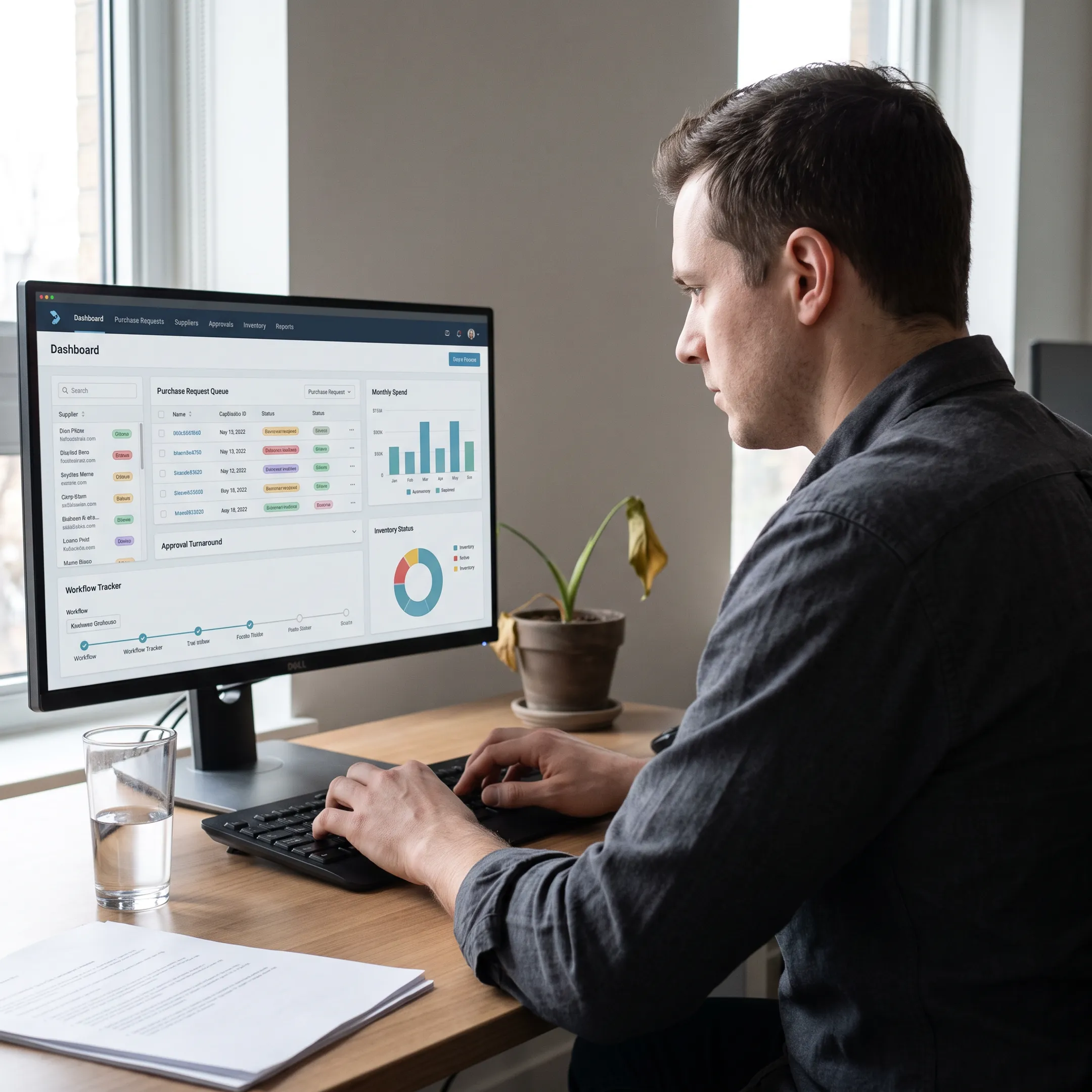 Procurement software dashboard showing purchasing and approval workflows