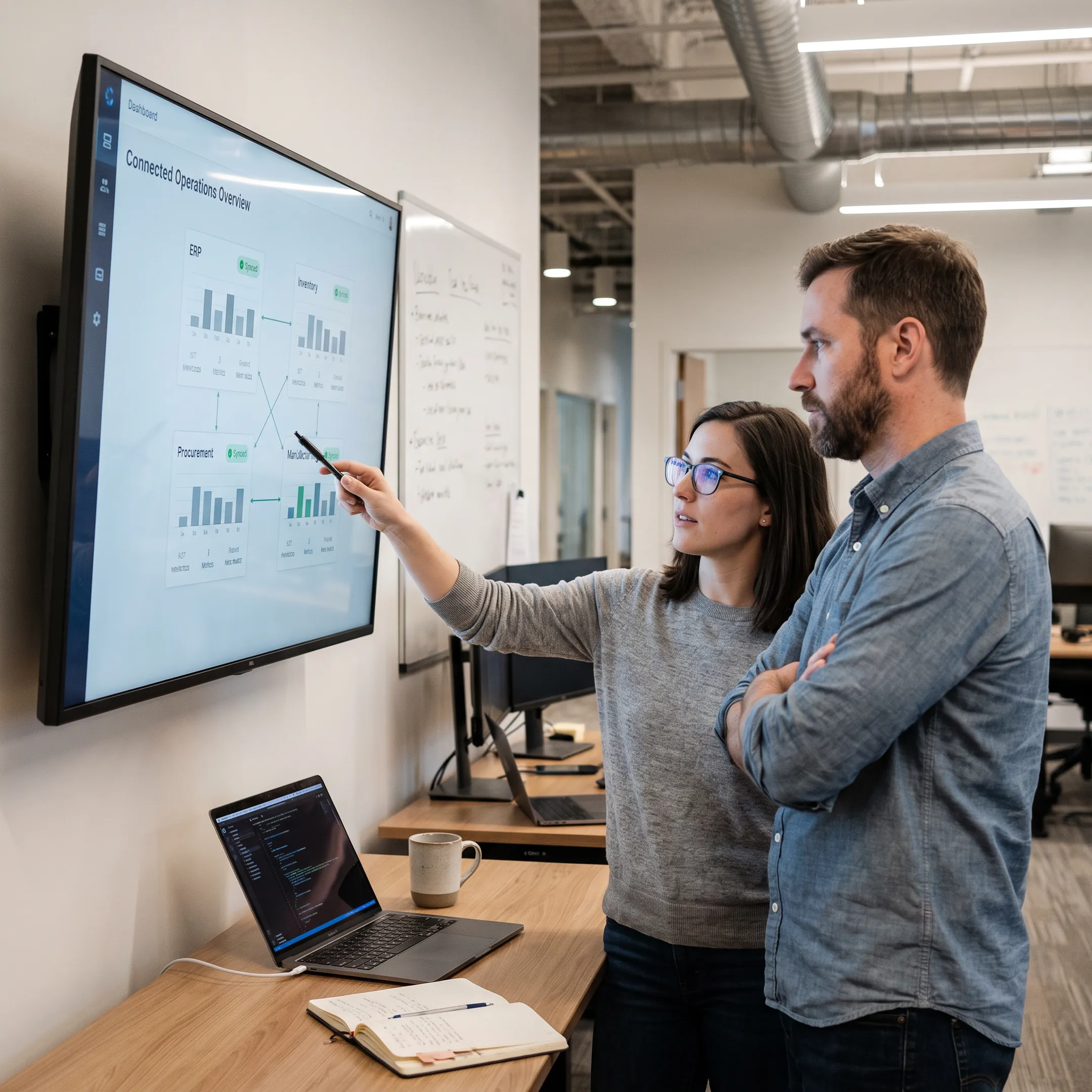 Team reviewing industrial software workflow on a screen