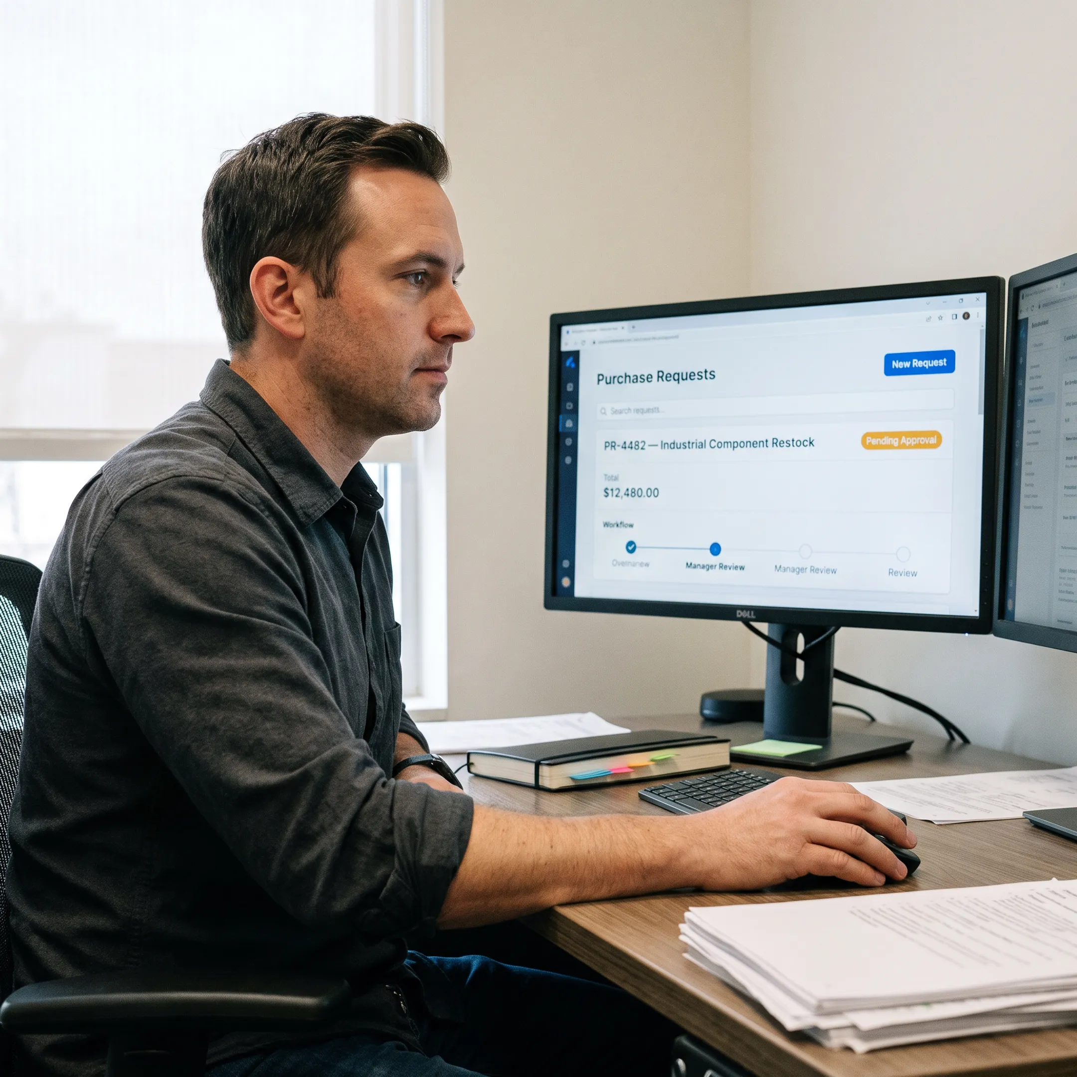 Employee reviewing a digital purchase requisition