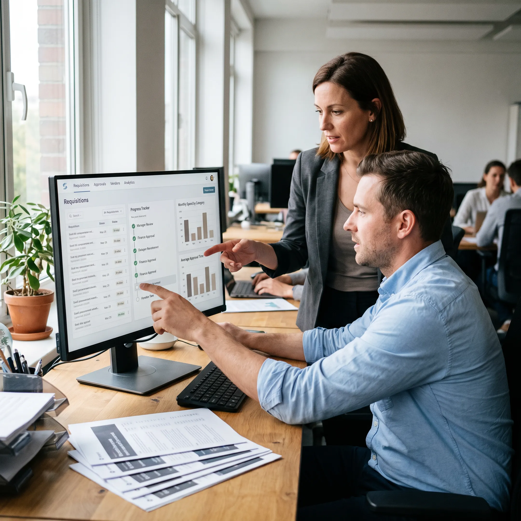 Purchase requisition management dashboard showing approval workflow