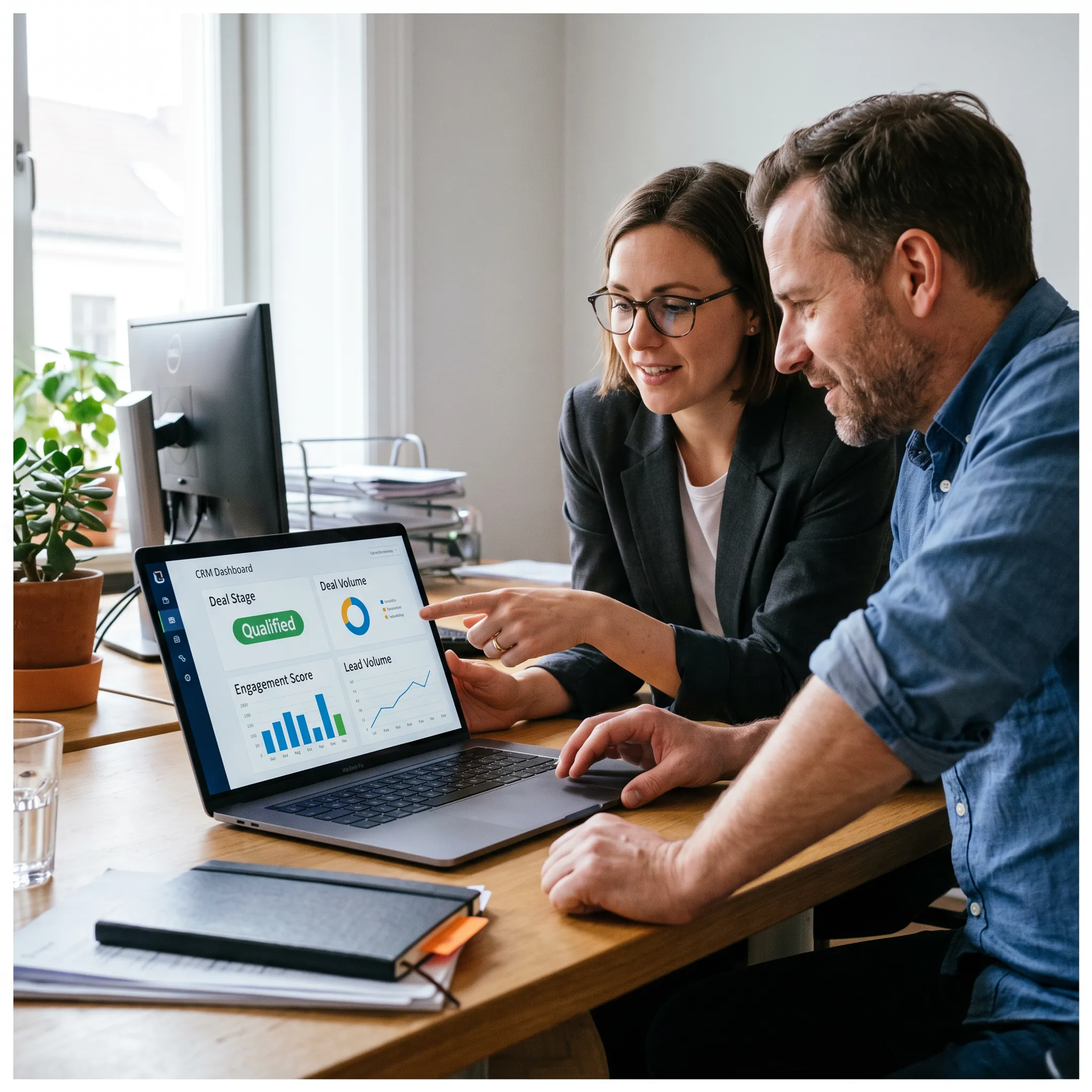 Team reviewing enriched CRM records on a business dashboard