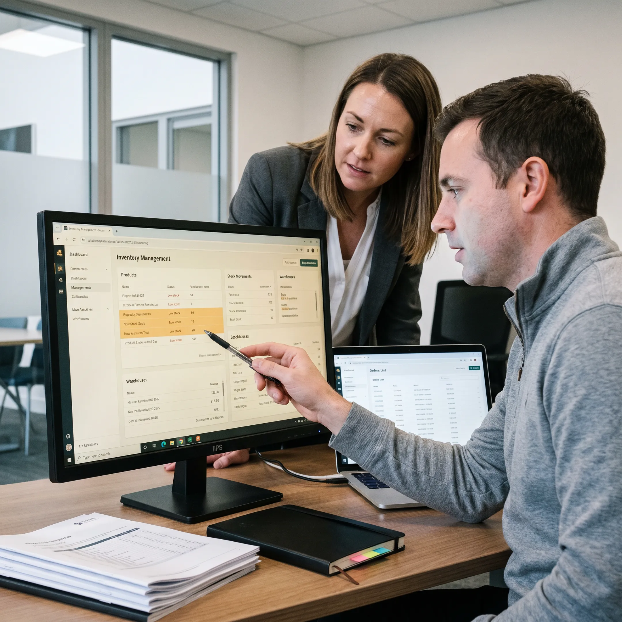 Team reviewing an inventory management software interface