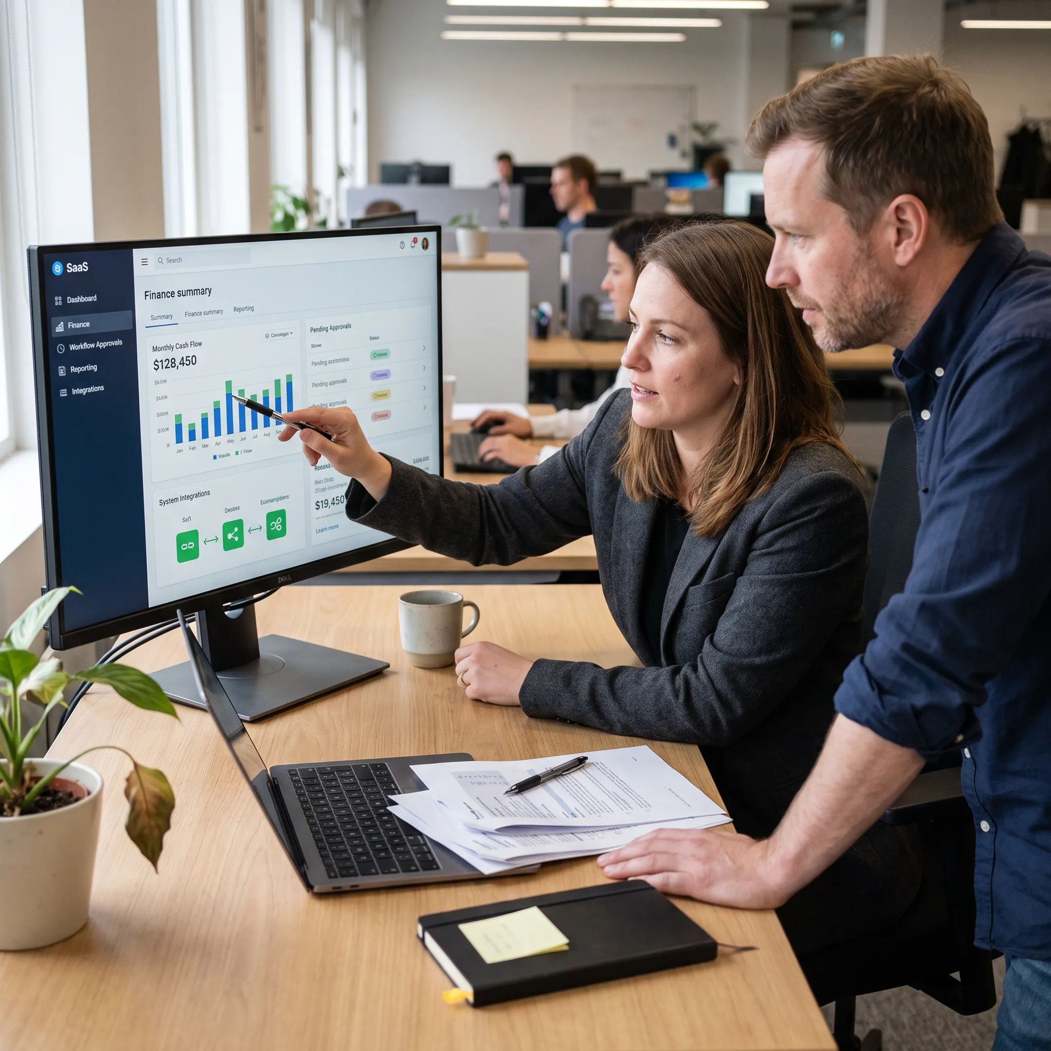 Consultants reviewing an ERP implementation dashboard