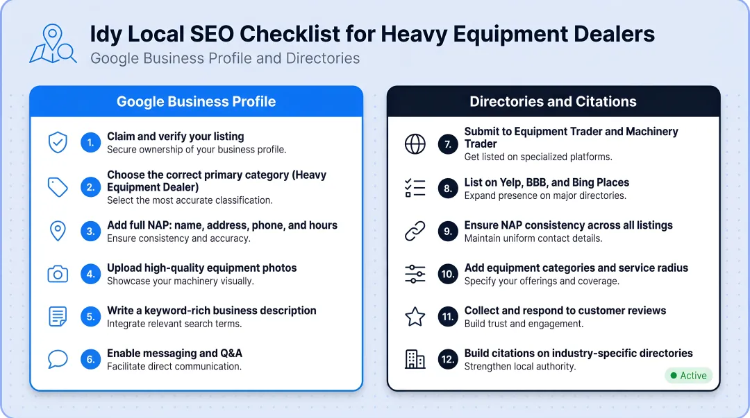 Local SEO checklist for heavy equipment dealers Google Business Profile and directories