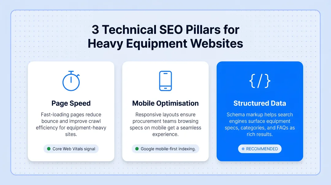 Three technical SEO pillars for heavy equipment websites page speed mobile structured data