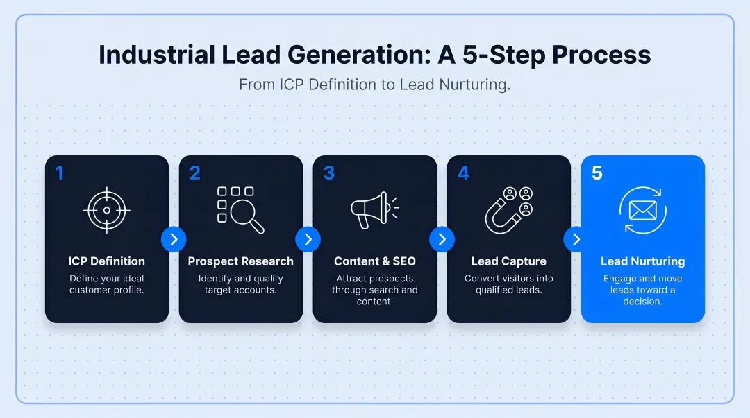 5-step industrial lead generation process from ICP definition to lead nurturing