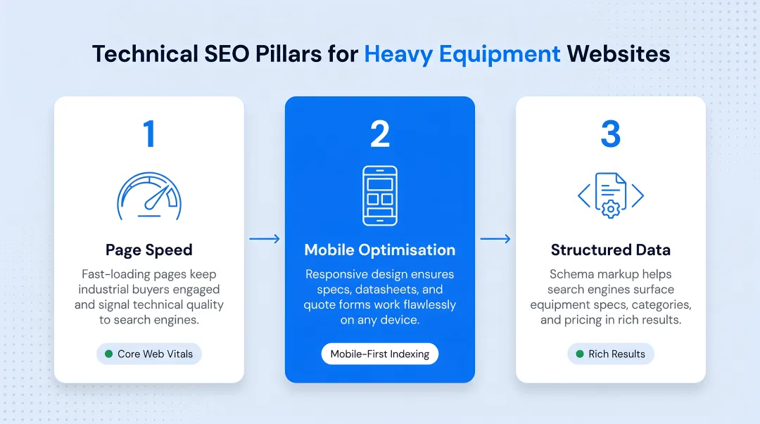 Three technical SEO pillars for heavy equipment websites page speed mobile structured data