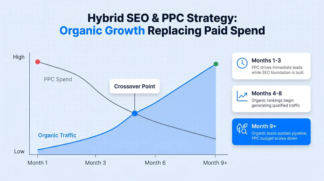 Hybrid SEO and PPC strategy timeline showing organic growth replacing paid spend over time
