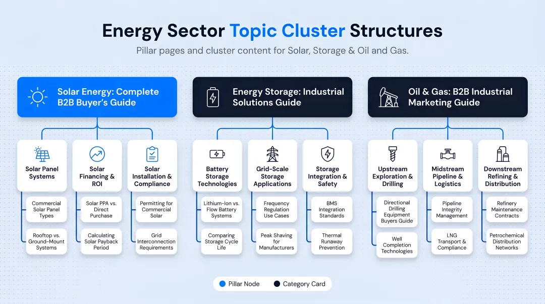 Three energy vertical topic cluster structures solar storage and oil gas pillar pages