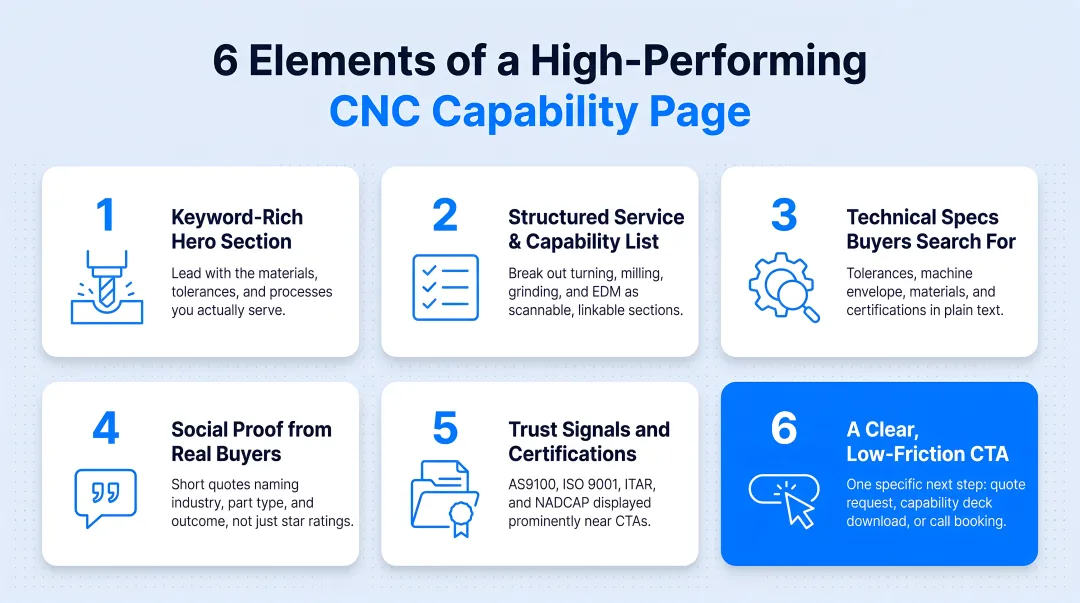Six elements of a high-performing CNC capability page that ranks and converts