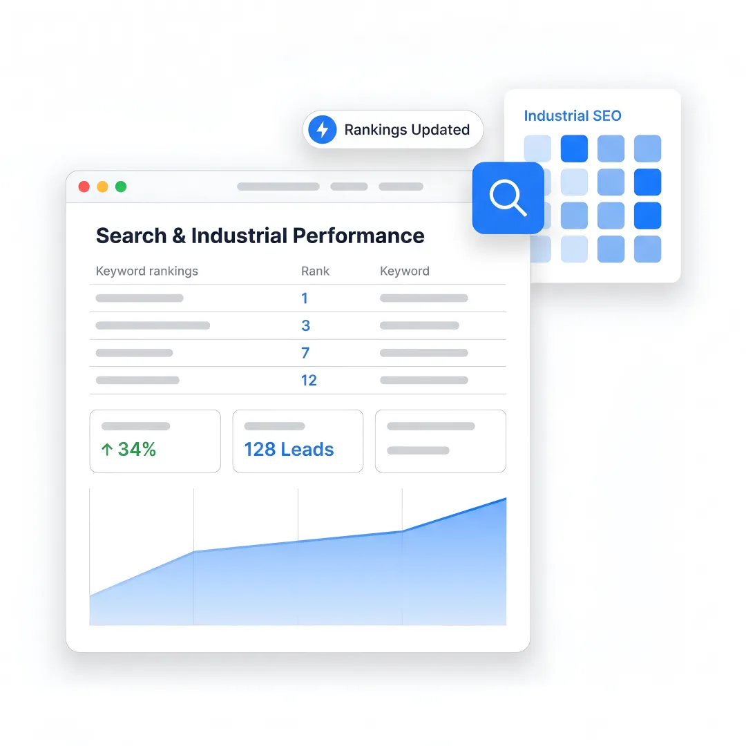 SEO strategist reviewing industrial marketing dashboard