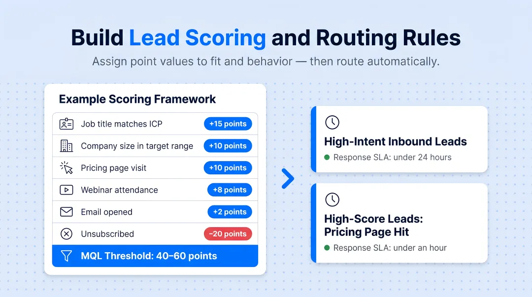 B2B lead scoring model point values fit criteria behavioral signals MQL threshold