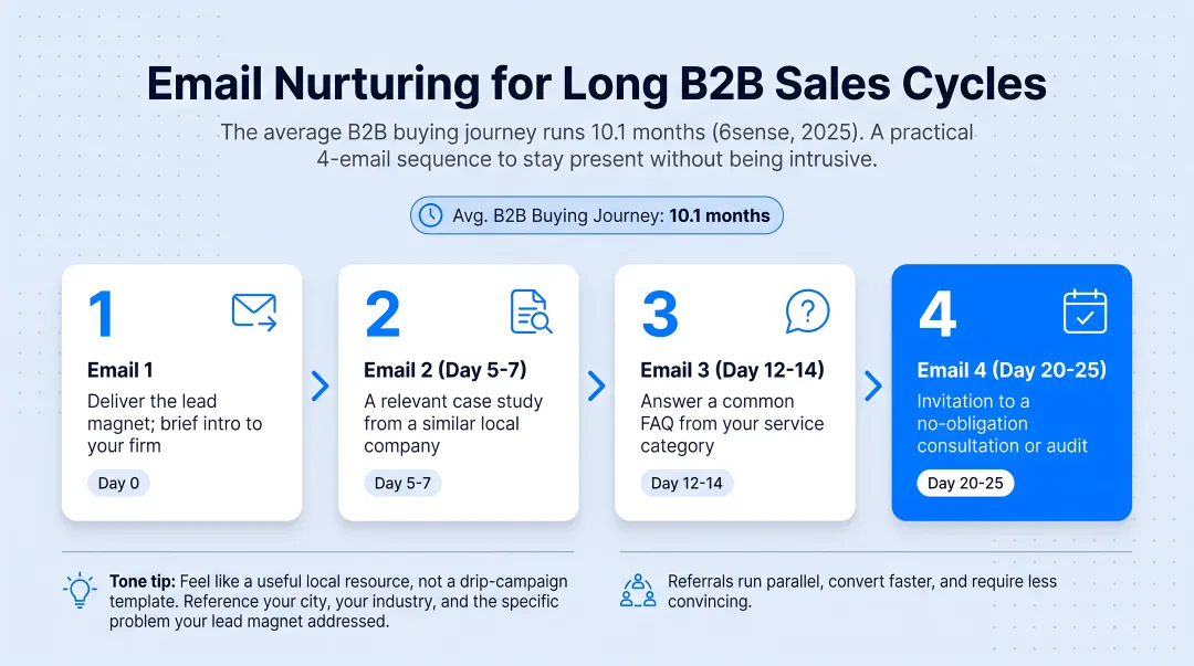 4-email B2B lead nurture sequence timeline with send days and content types