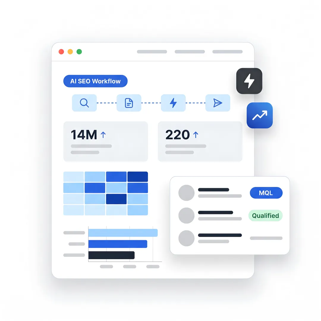 AI SEO workflow dashboard for B2B lead generation