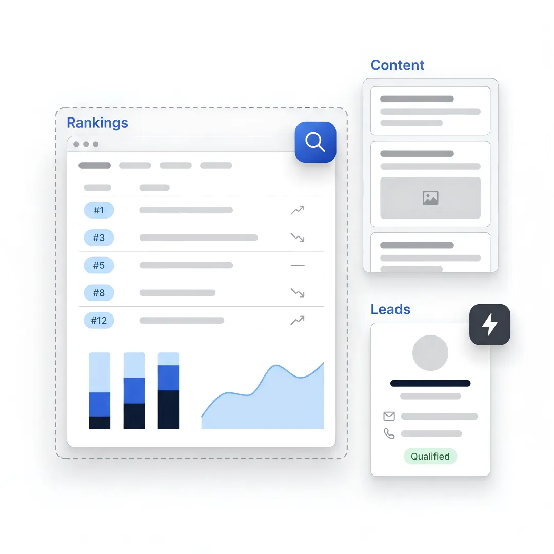 SEO strategist reviewing rankings and lead analytics