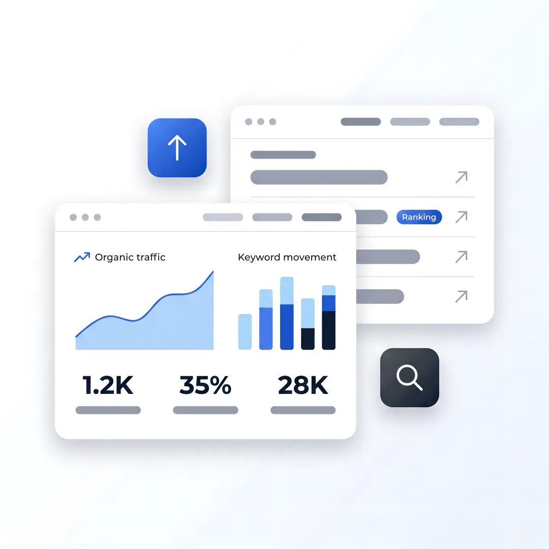 SEO dashboard showing traffic and ranking growth