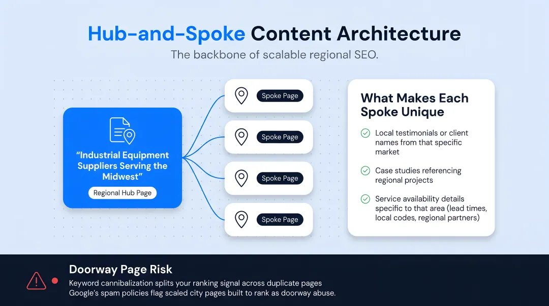 hub-and-spoke content architecture diagram for regional SEO pages