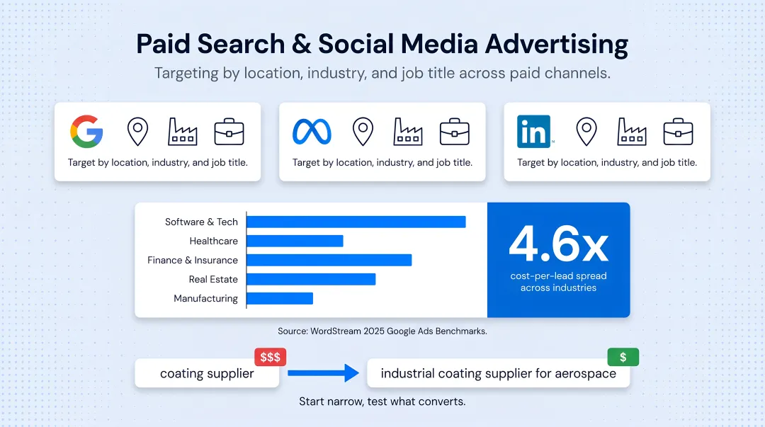 Cost-per-lead spread across industries from auto repair to legal services