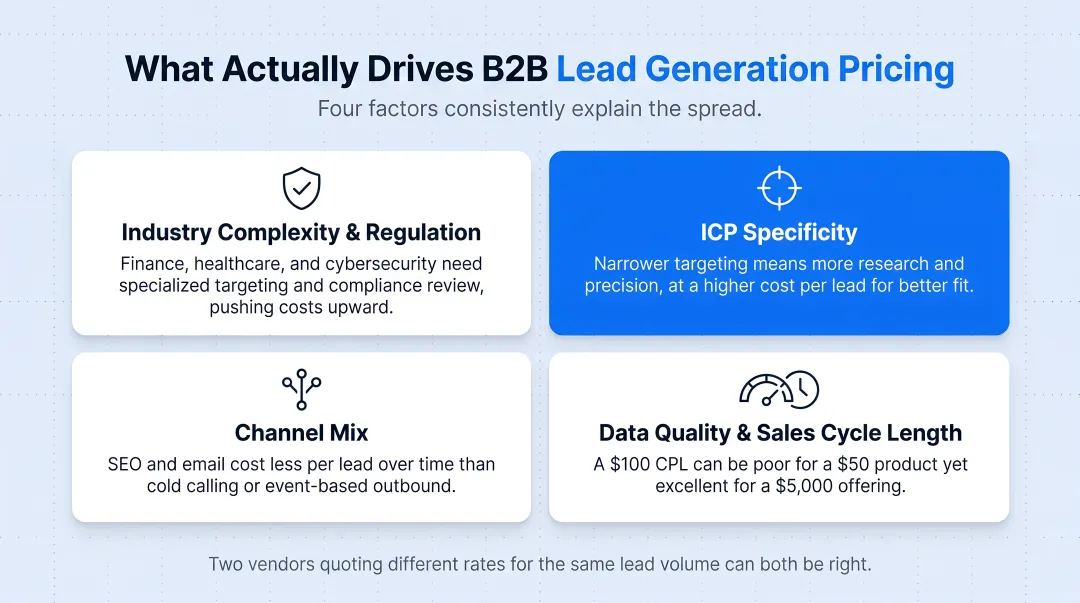 Four factors driving B2B lead generation pricing differences infographic