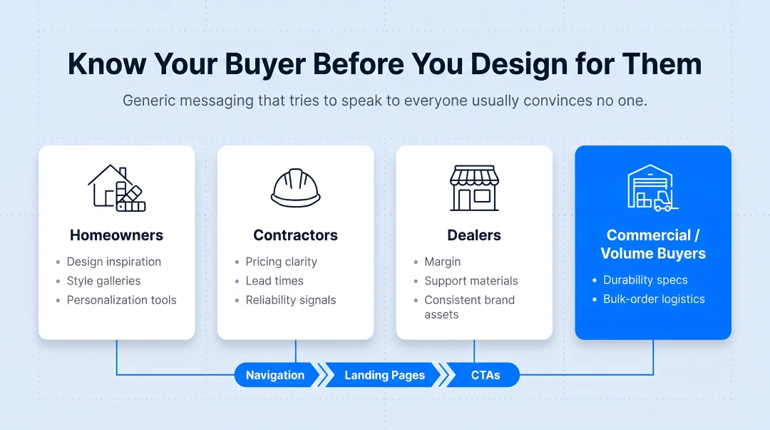 Four cabinet buyer personas comparison showing homeowners contractors dealers and commercial buyers