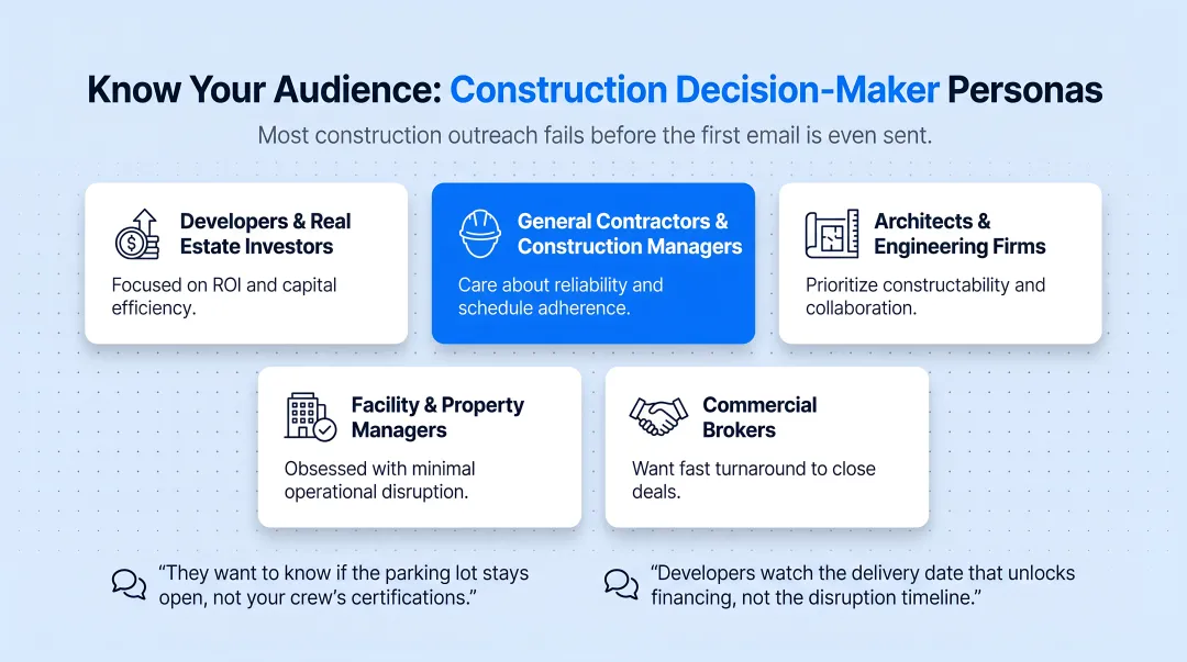 Five construction decision-maker personas and their key priorities breakdown