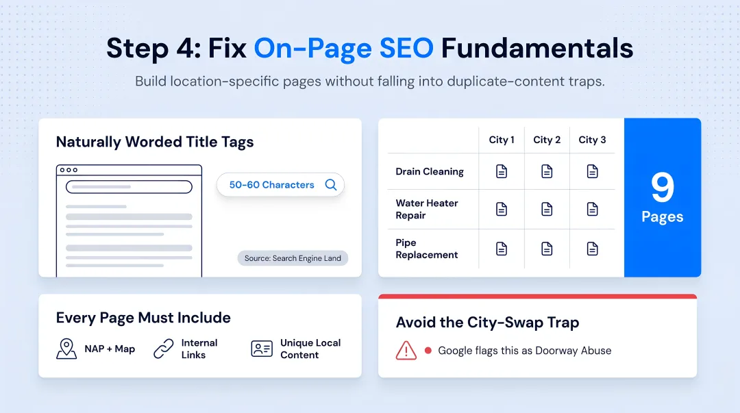 Unique location page structure versus city-swap duplicate content comparison