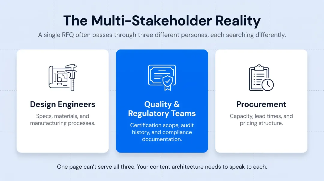 three B2B stakeholder personas researching medical device suppliers online