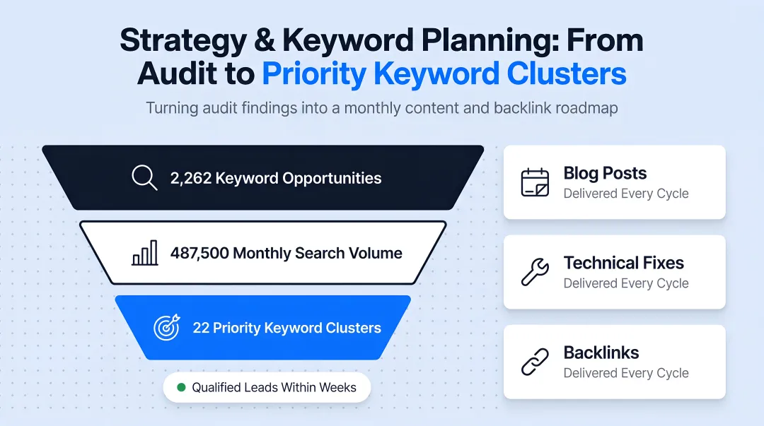 Four-stage SEO subscription monthly cycle from audit to reporting