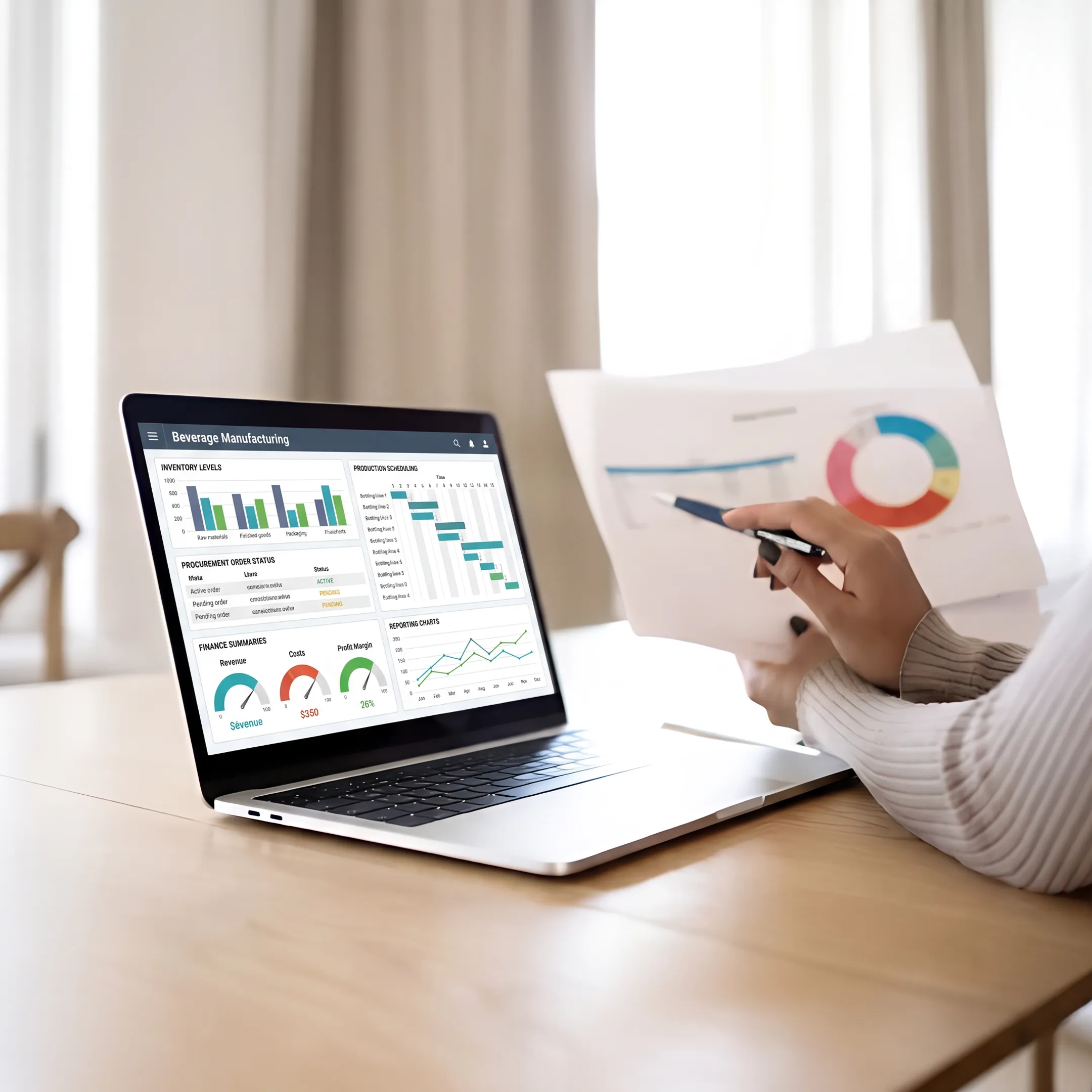 Food ERP software dashboard for beverage manufacturing operations