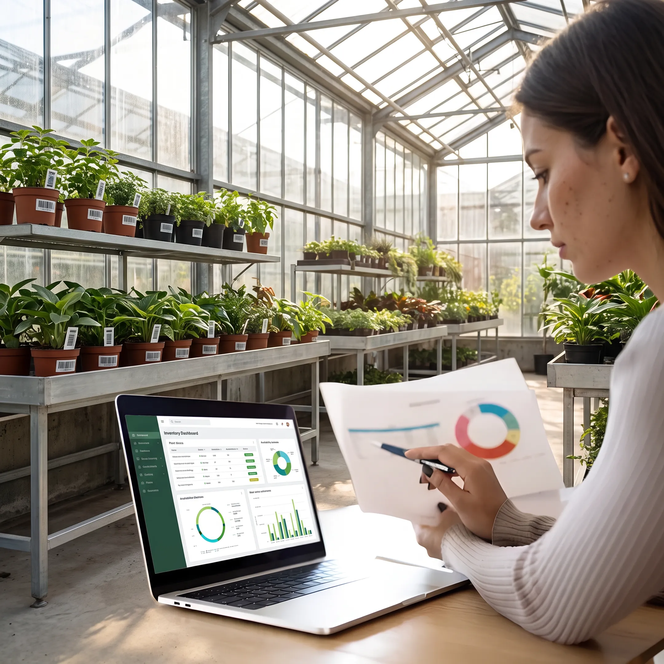 Greenhouse inventory management software displayed on a laptop beside organized plant stock