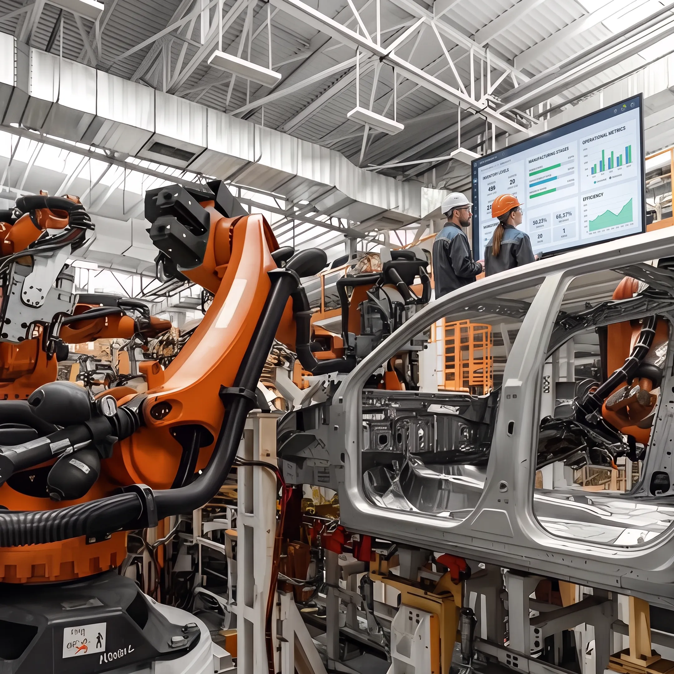 Automotive manufacturing software dashboard beside a vehicle production line