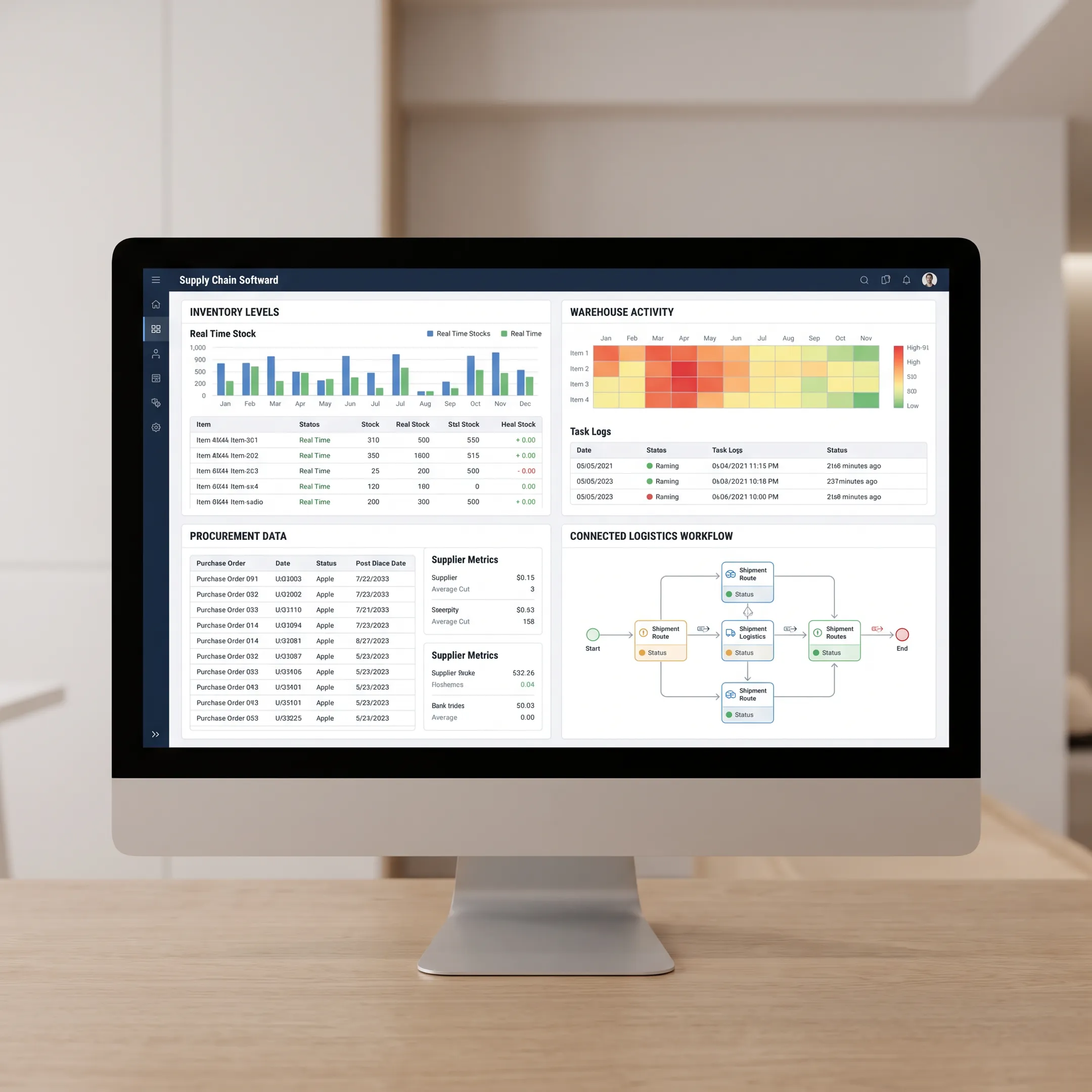Supply chain software dashboard displaying inventory and warehouse operations