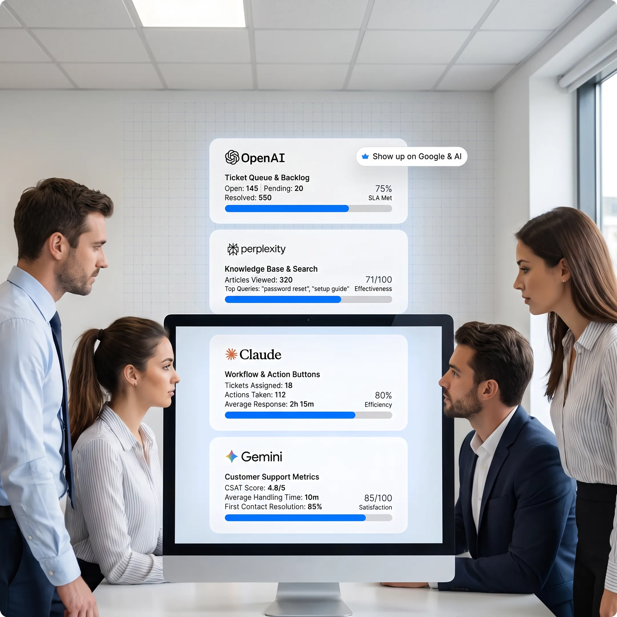 Business team reviewing a customized help desk support dashboard
