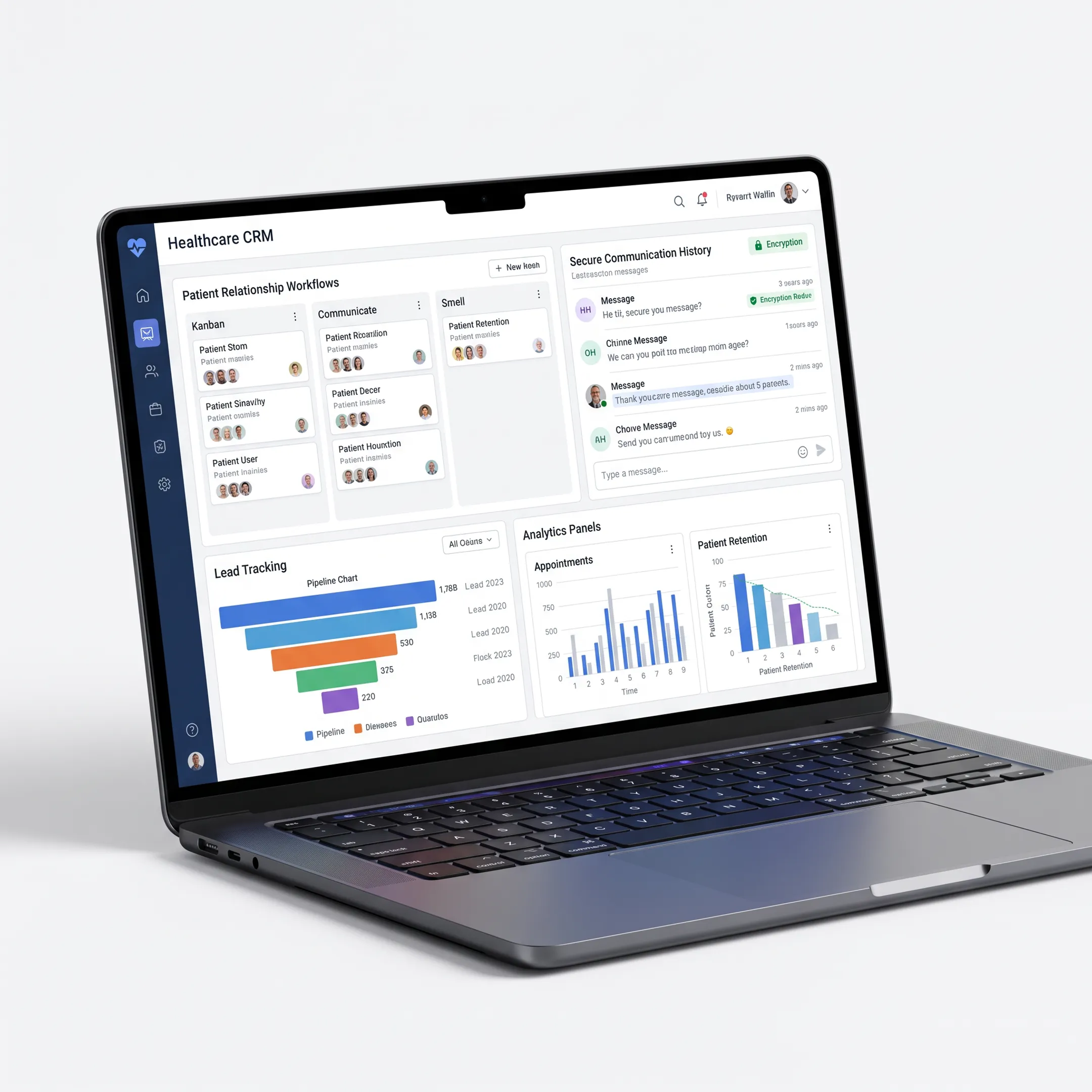 Healthcare CRM software dashboard displayed on a laptop