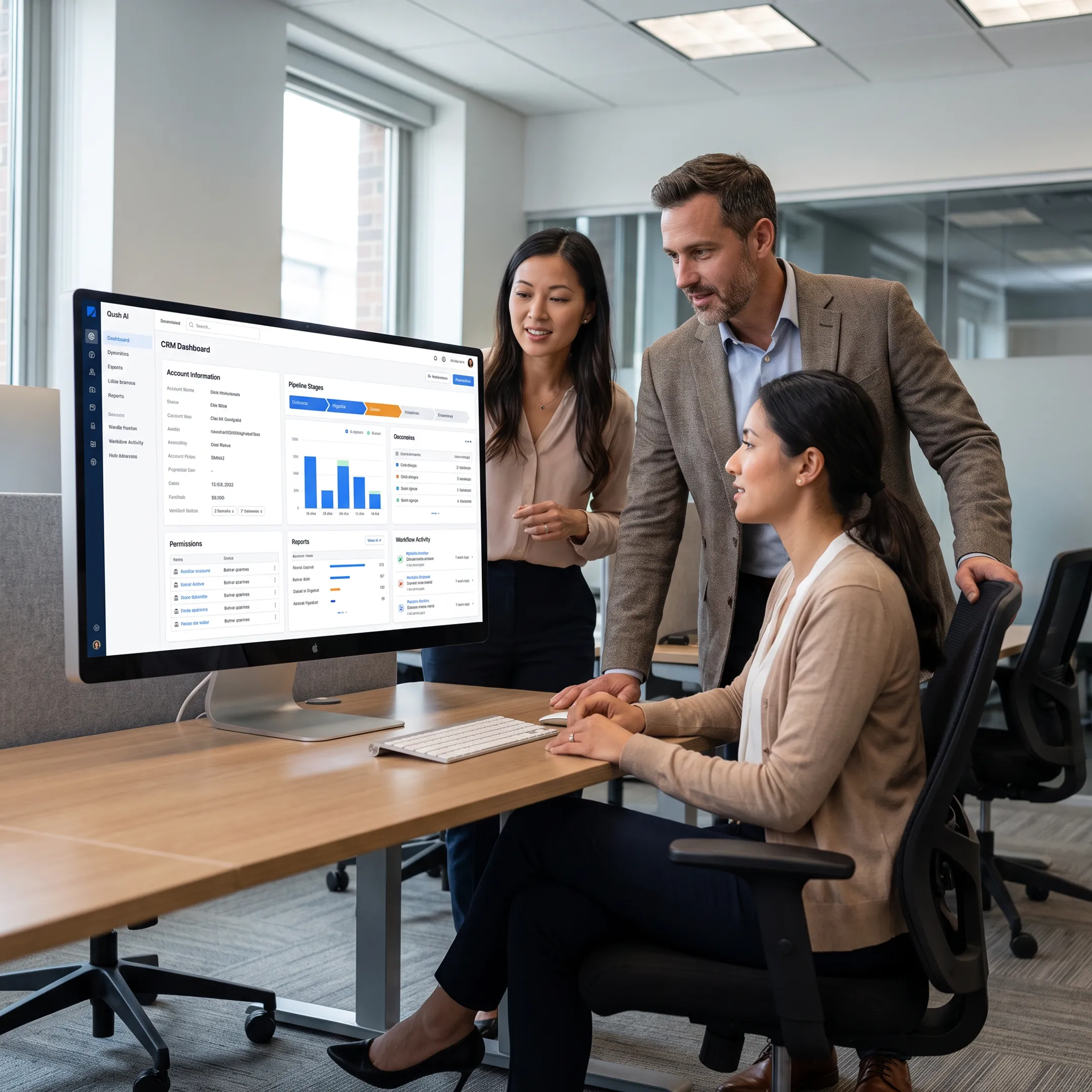 Team reviewing a tailored life sciences CRM dashboard