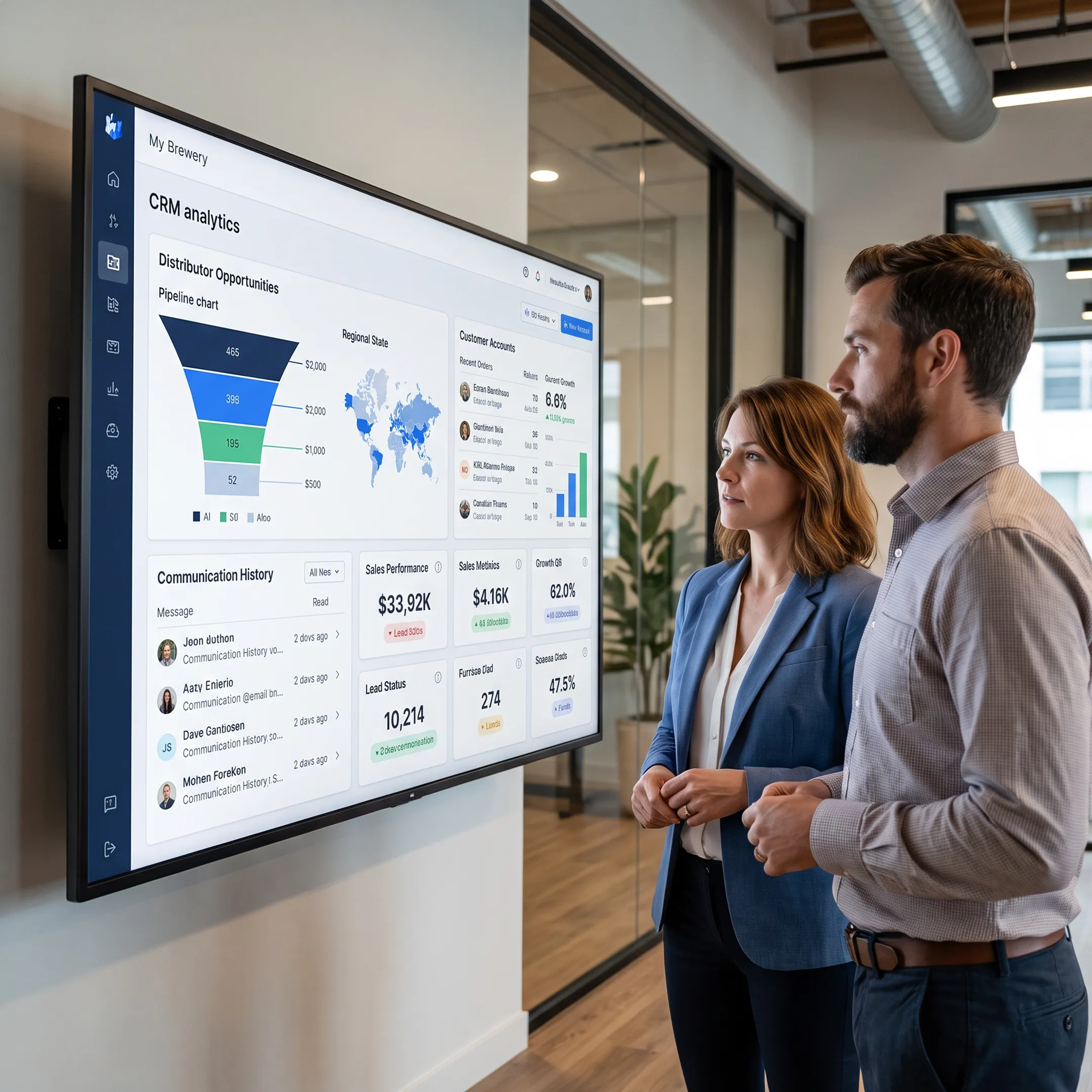 Brewery sales team reviewing CRM dashboard