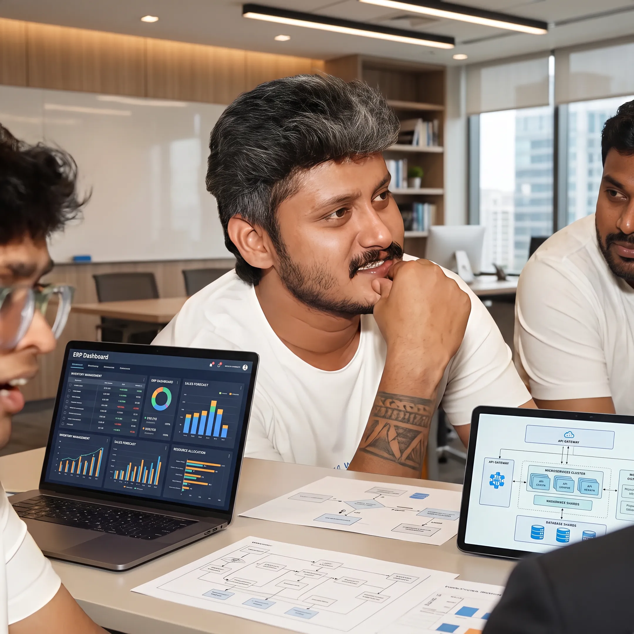 Team planning a custom ERP software solution on a large monitor