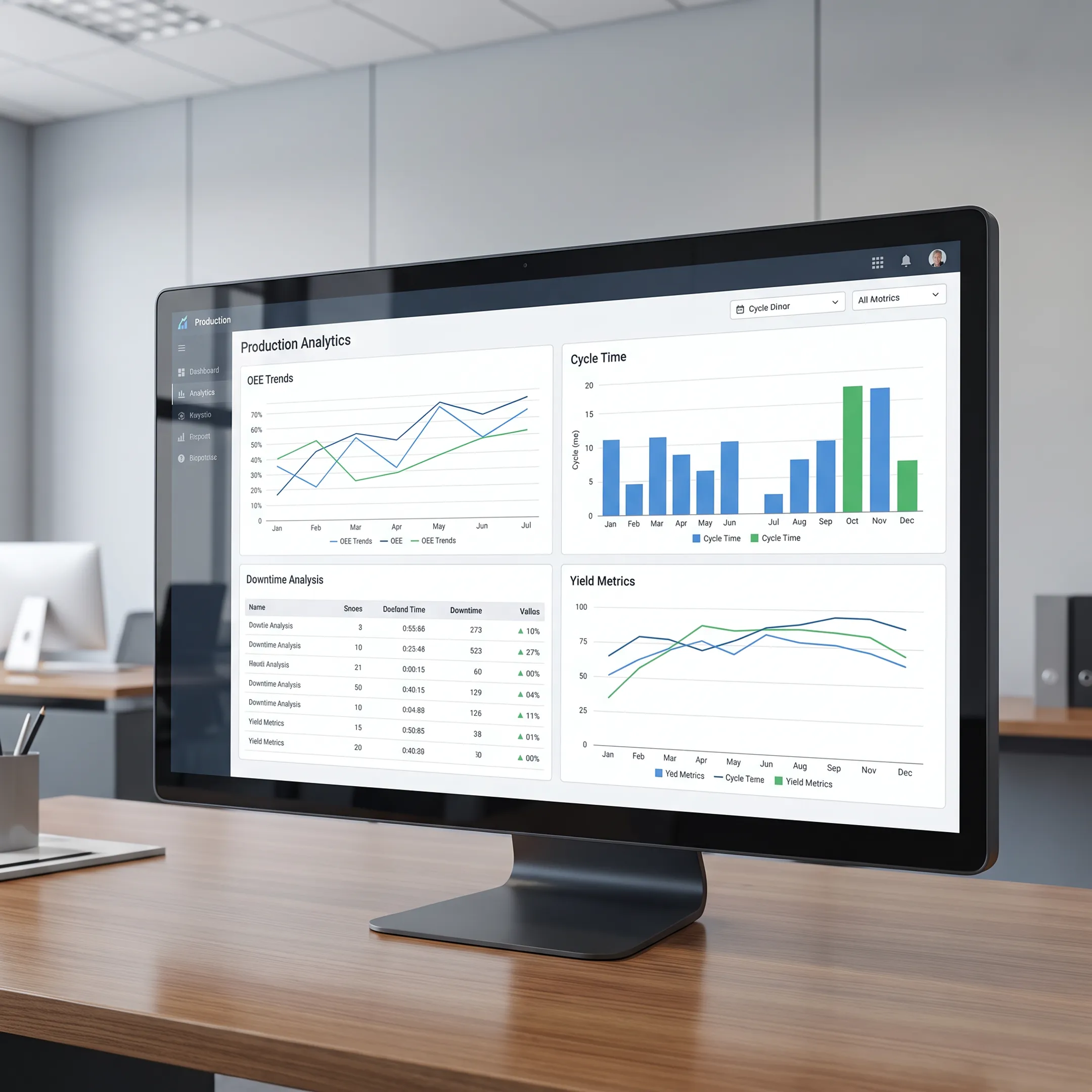 Production analytics dashboard displayed on a business monitor