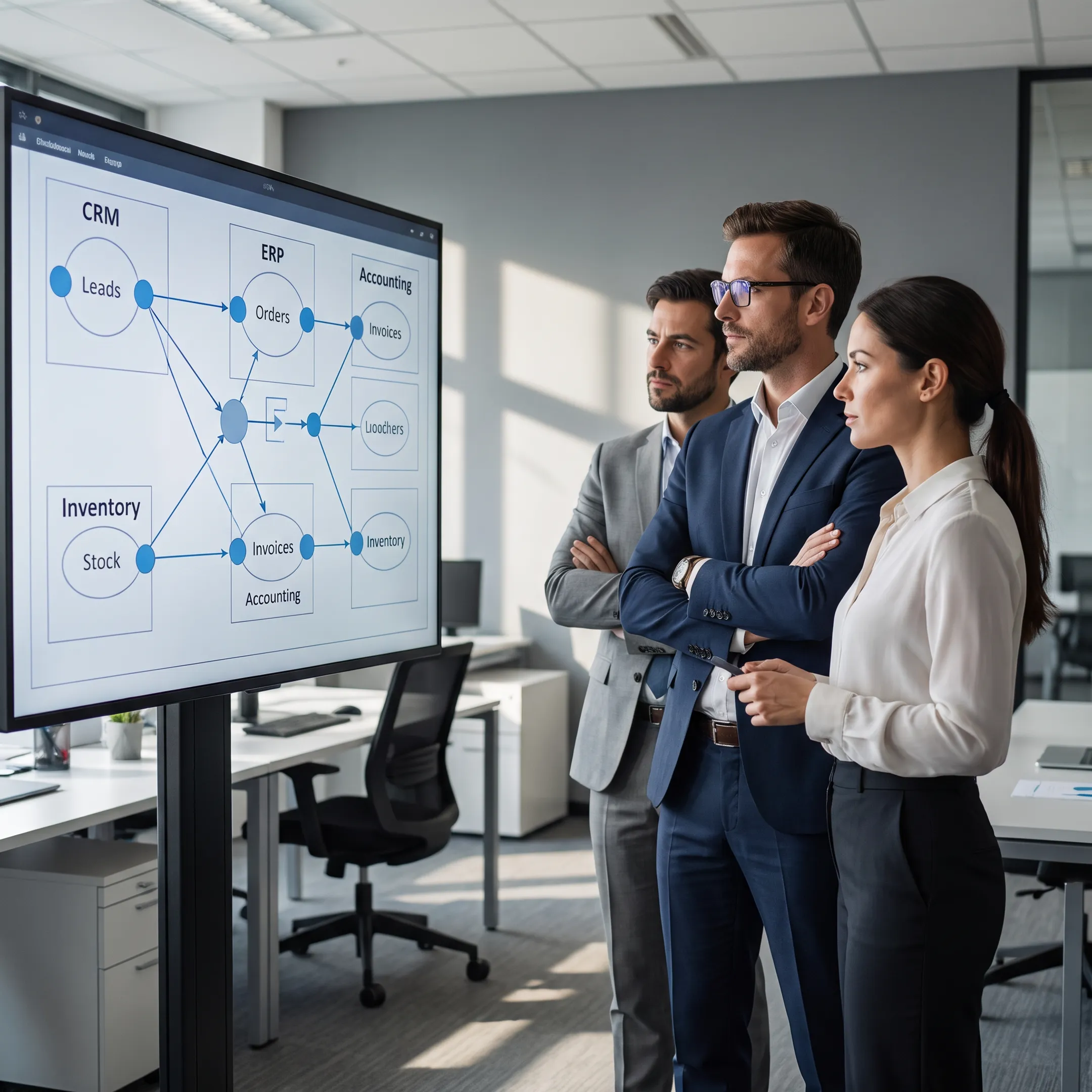 Consultants reviewing connected business systems on a data integration dashboard