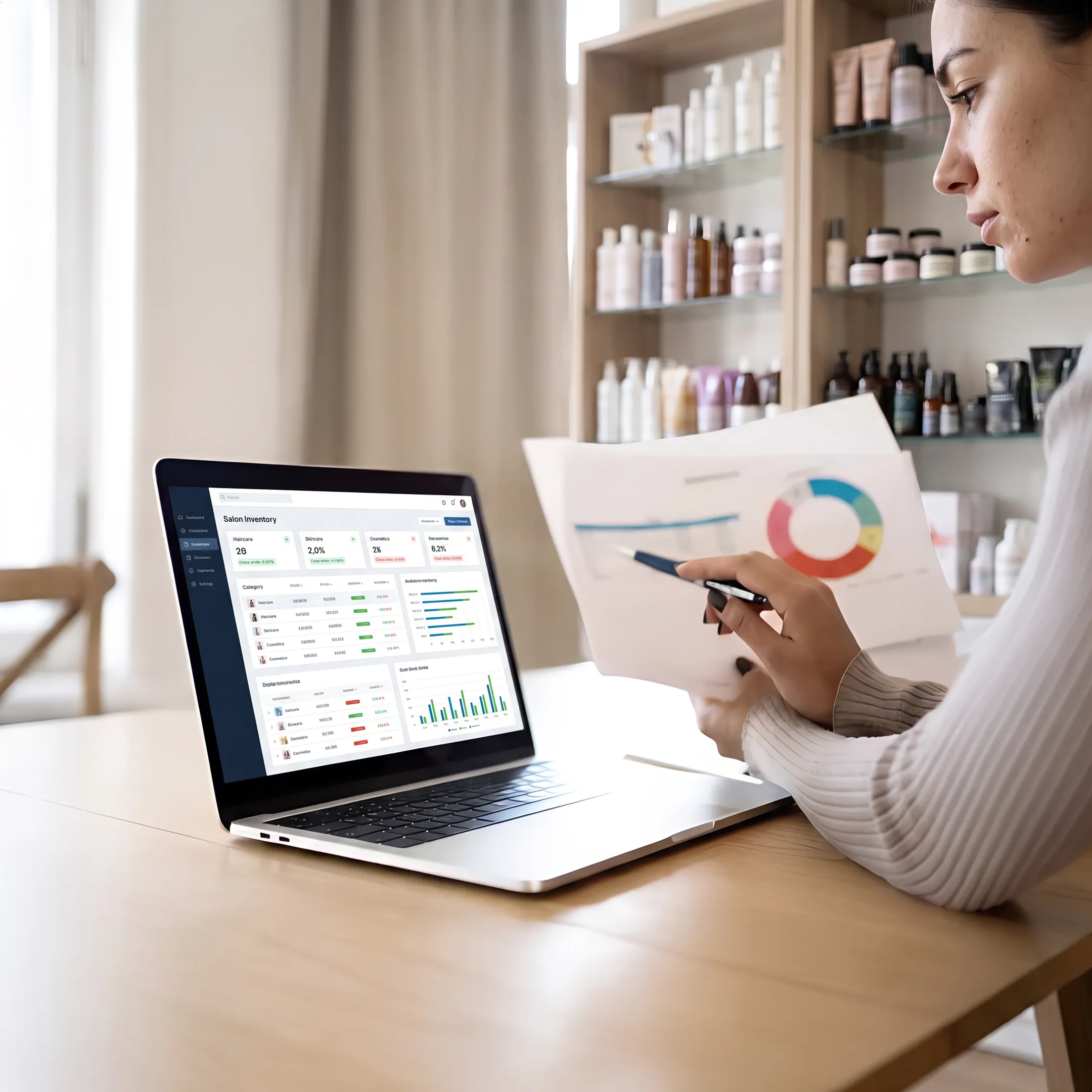Salon owner reviewing connected product inventory and stock information