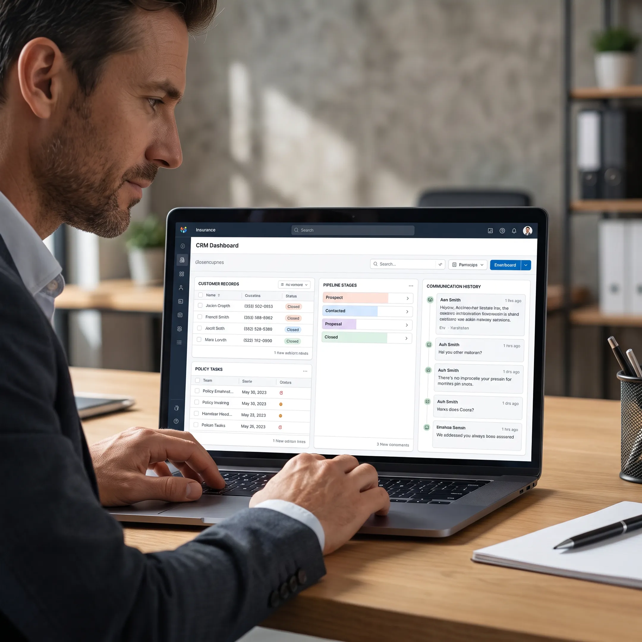 Insurance agent reviewing CRM dashboard with client records and sales pipeline