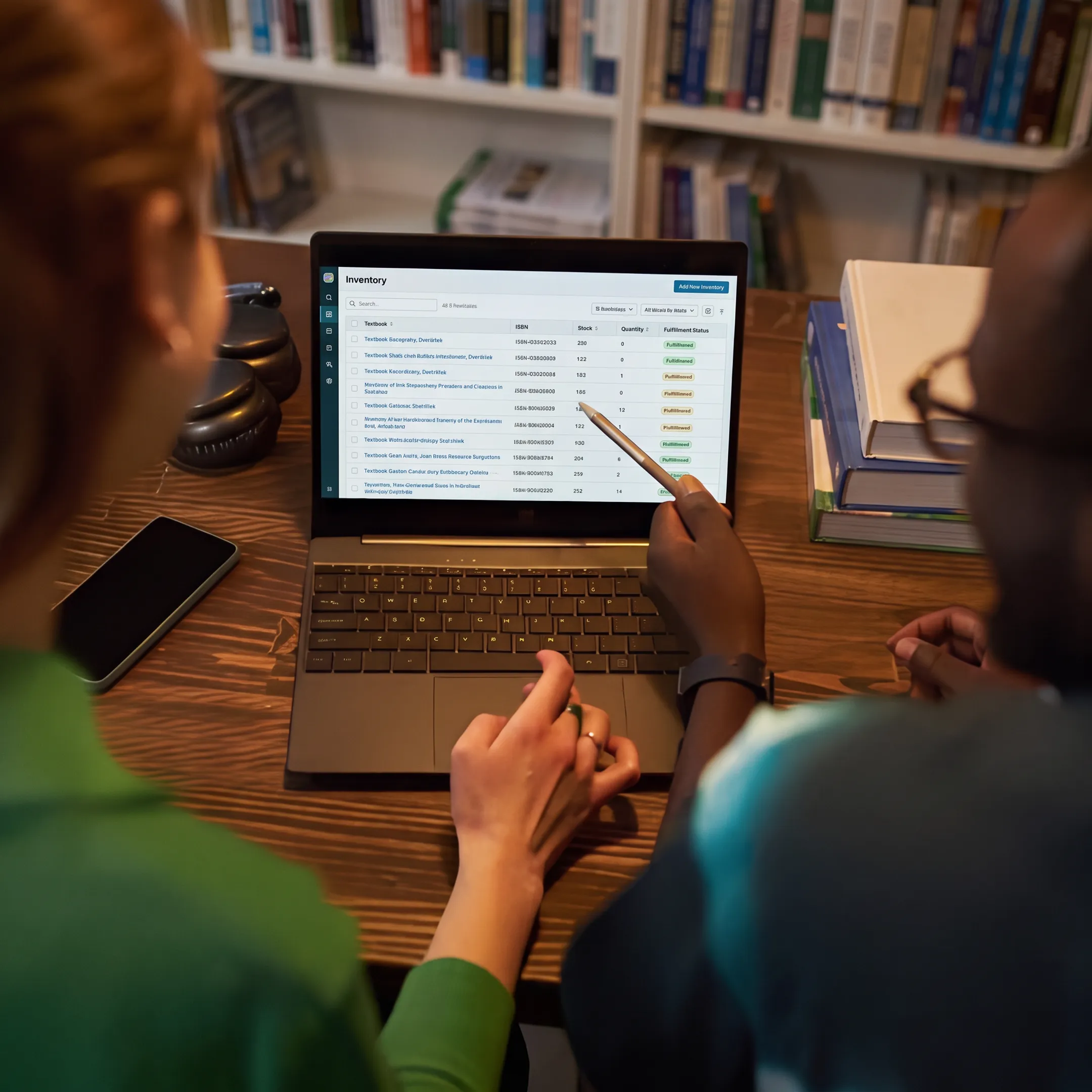 Team reviewing textbook stock data on inventory software